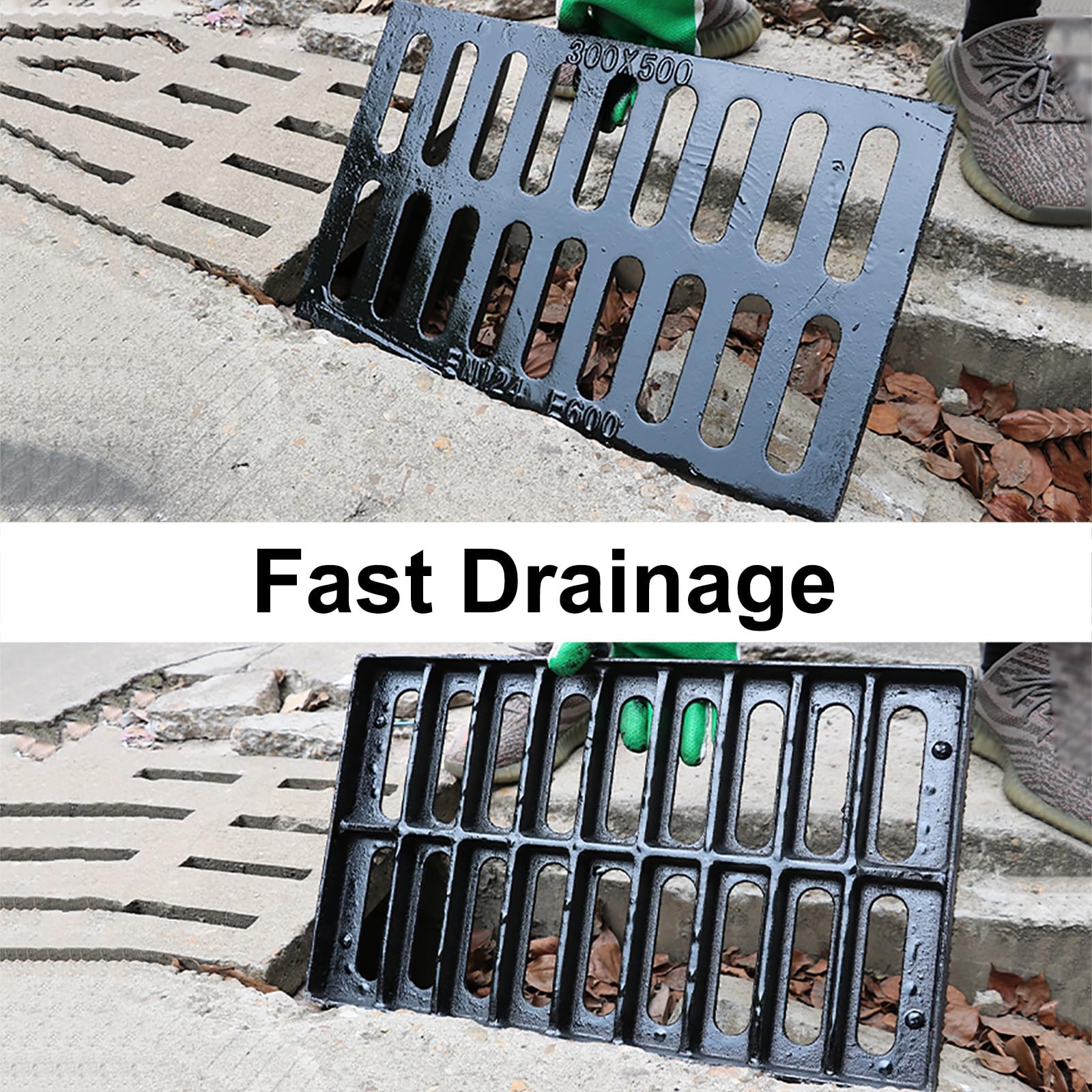 Couvercle de regard extérieur en fonte avec grille renforcée pour trottoir, allée ou système de drainage (40 x 60 cm)