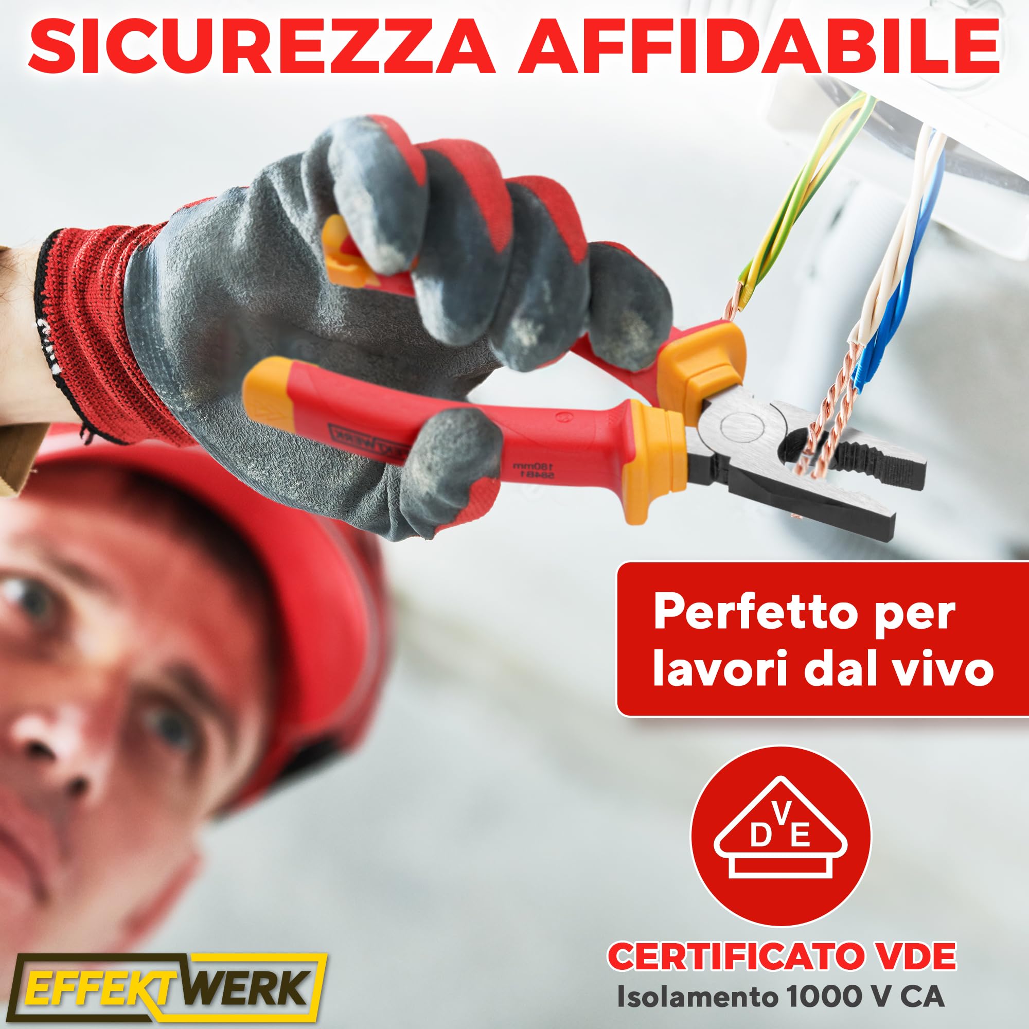 Set di pinze per elettricisti Effektwerk da 3 pezzi, isolate e testate VDE, combinate, pinze lunghe/a becchi d'ago e laterali/a taglio diagonale