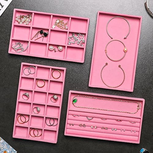 Miniatura 5 de Frebeauty Bandeja organizadora de joyas, bandejas apilables de terciopelo para joyas, insertos de cajón, organizador de aretes para mujeres y niñas,