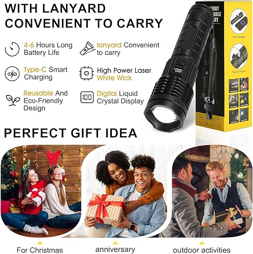 Miniatura 7 de Linterna recargable alta potencia de 18000 lúmenes, pantalla LED, enfoque ajustable, carga USB, 5 modos, linterna LED impermeable IPX4 para