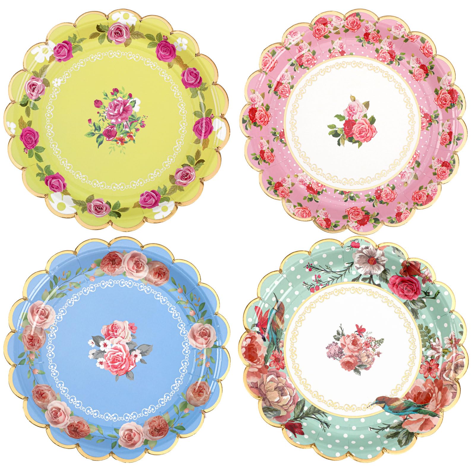 Suclain100 Pieces Flower Tea Party Plates 7 Inches Floral Paper Plates Vintage Flower Guest Plates for Dinner Tea Party Weddings Bridal and Baby Showers and Birthday Party Supplies