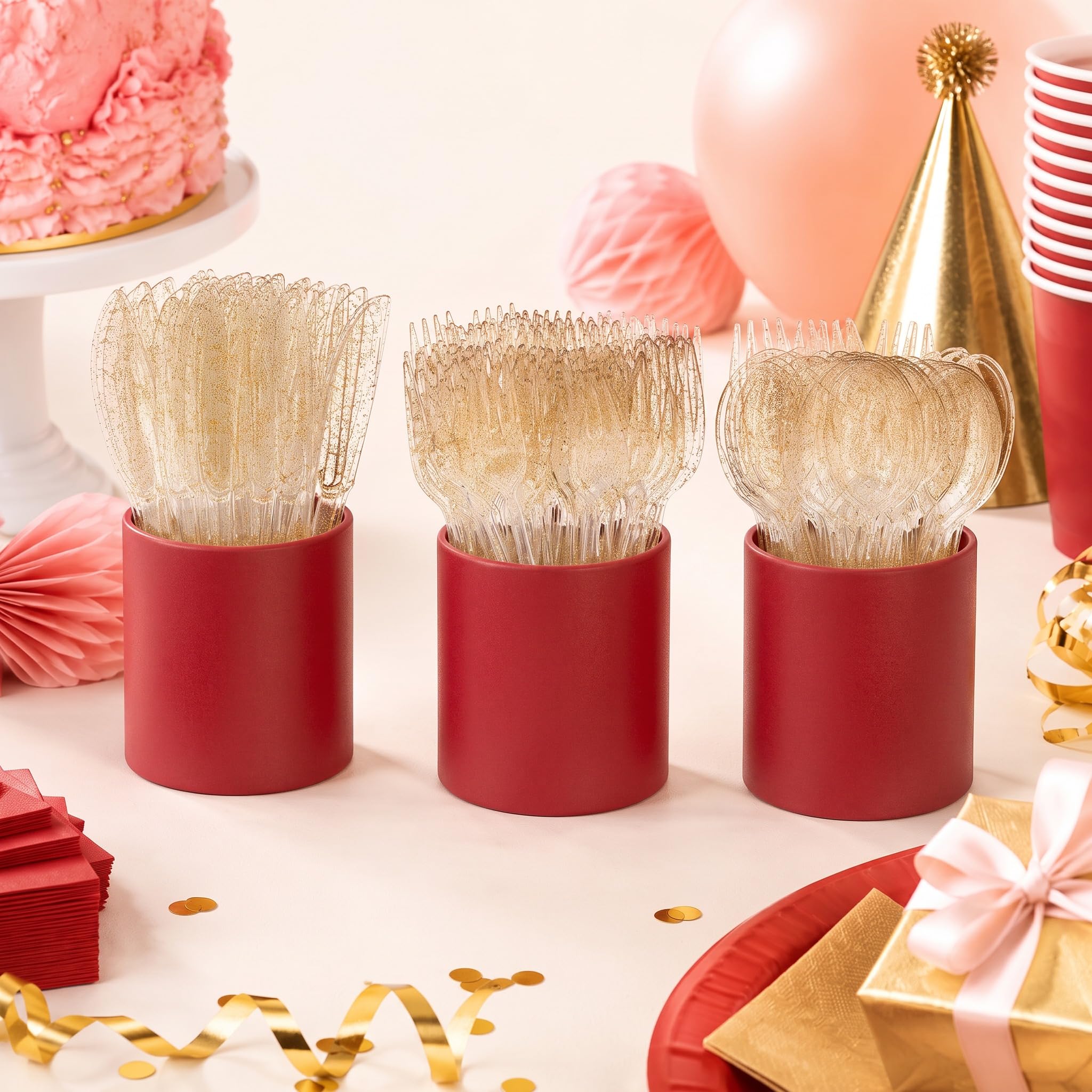 Domensi 150 Pcs Glitter Plastic Holder Cutlery Set for Kitchen,Red