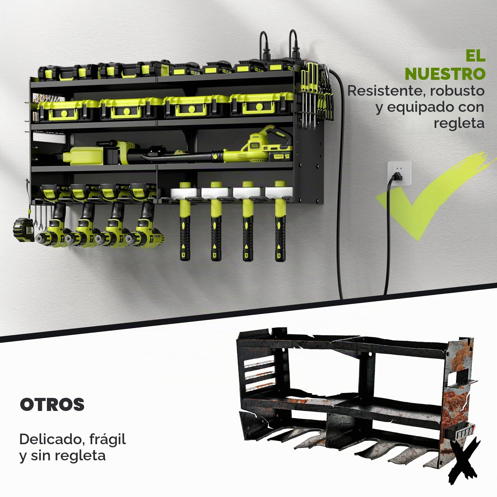 POKIPO Organizador de herramientas eléctricas grande con estación de carga, 4 capas de metal resistente, carga 600 libras con 8 soportes de taladro inalámbricos, carga de estante de batería con 4