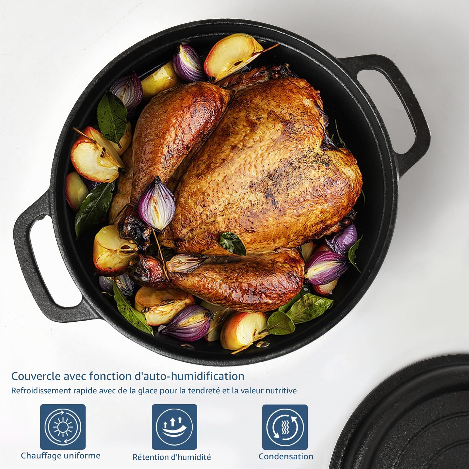 Cocotte en fonte - 26 cm - 5,1 l - Avec couvercle - Induction - Pour la cuisine - Noir
