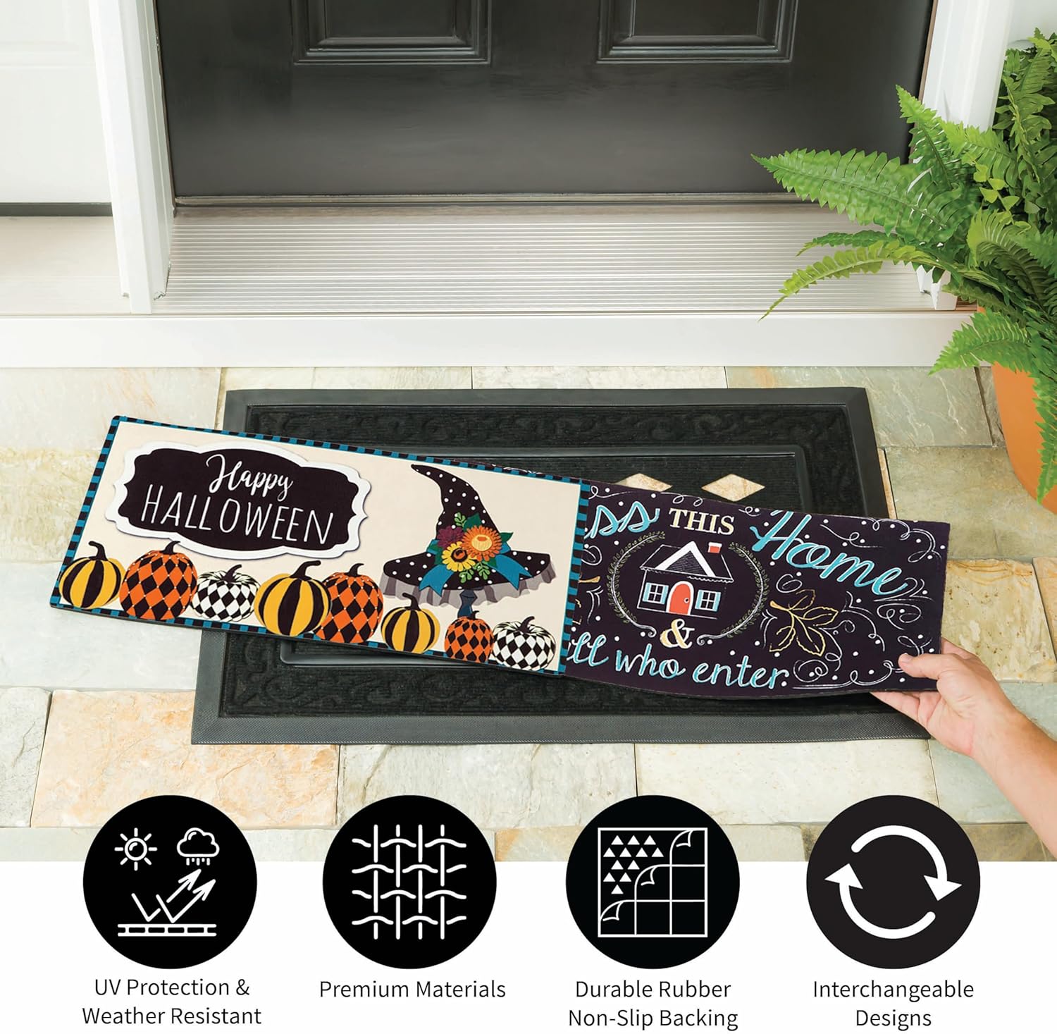 Evergreen Sassafras Fall Christmas Holiday Doormat Insert Bundle & Tray Set of 5, Interchangeable Entrance Door mats Indoor and Outdoor Welcome Mat 30 x 18 Tray Non Slip Backing Low Profile
