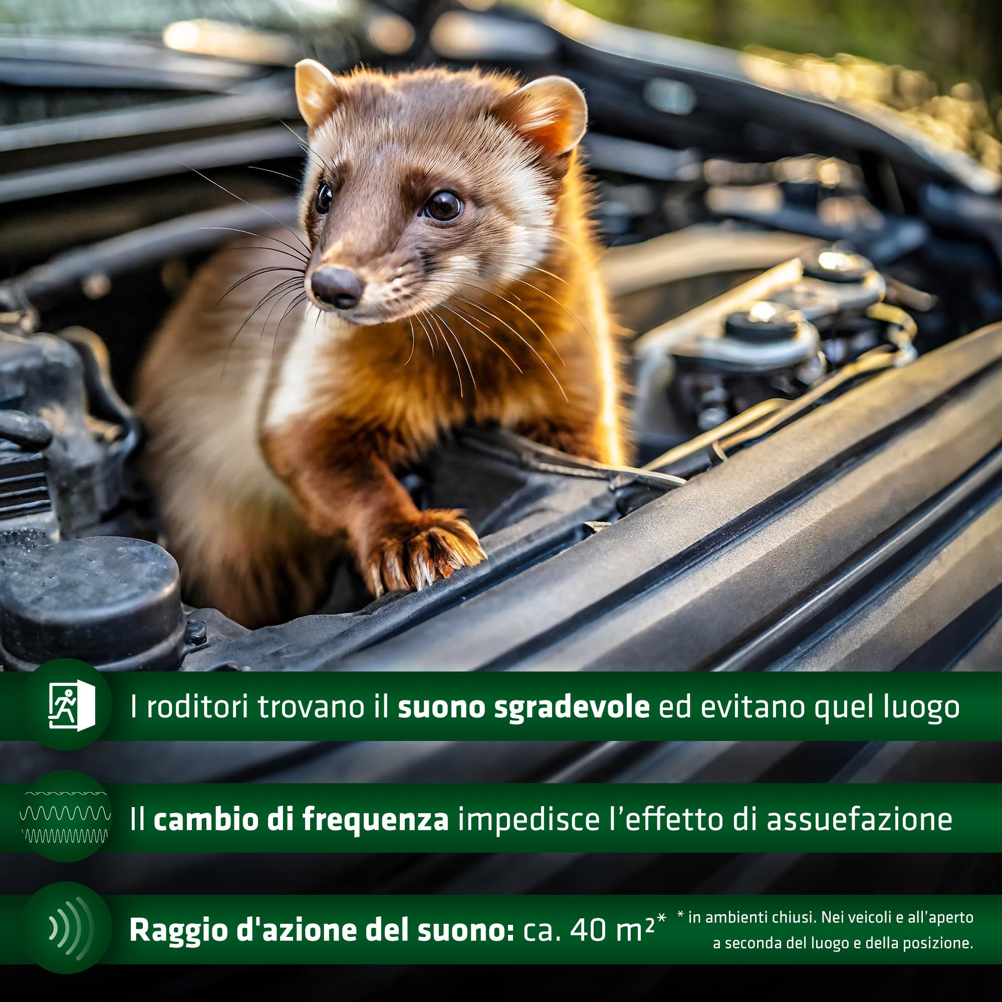 Gardigo® Dissuasore per Martore a Ultrasuoni per Auto - Set da 2 | Dispositivo Anti Roditori a Batteria | Repellente Topi Auto | Protezione Anti Martora per Vano Motore, Soffitta, Casa, Garage