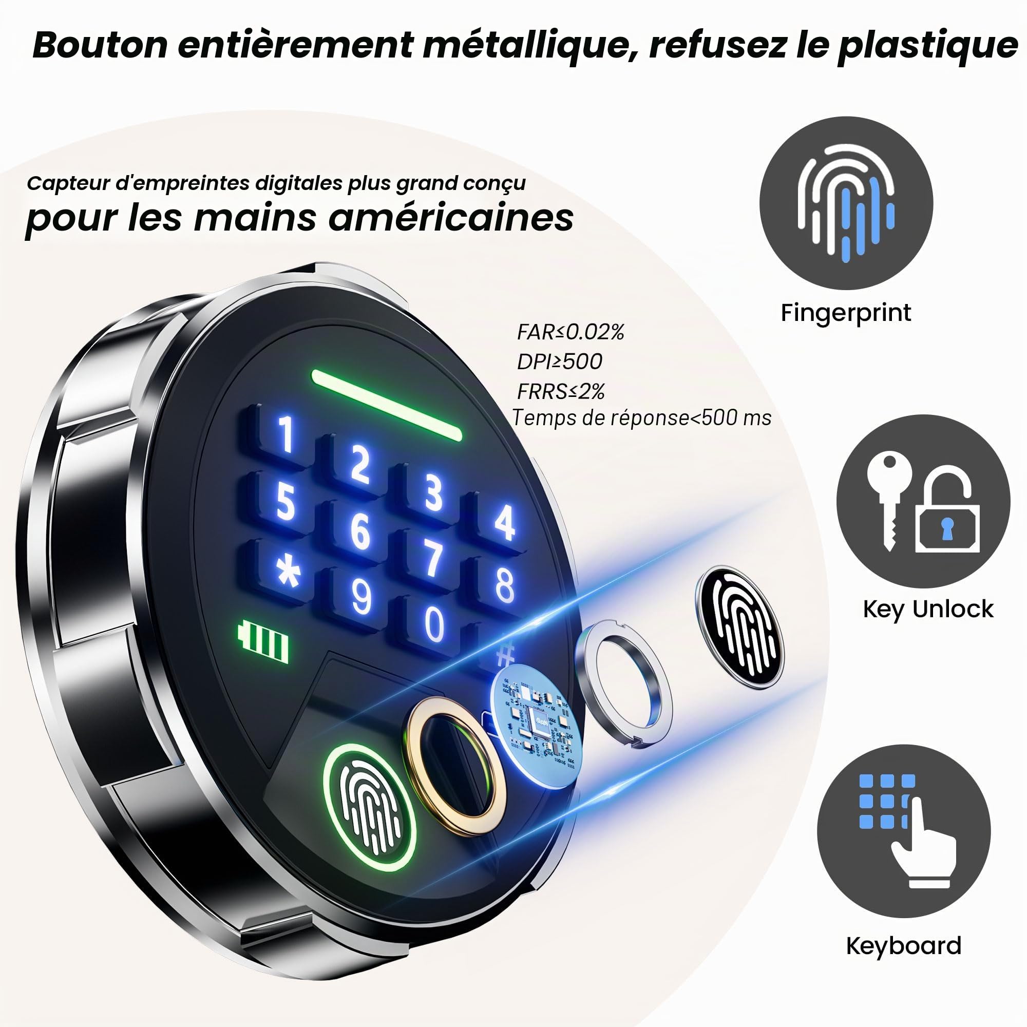 KornerBatl Coffre-fort biométrique 20 lb avec empreinte digitale, LED | 30 empreintes, 4 modes d'accès, clavier rétroéclairé, mode silencieux, alimentation USB-C d'urgence et rangement flexible