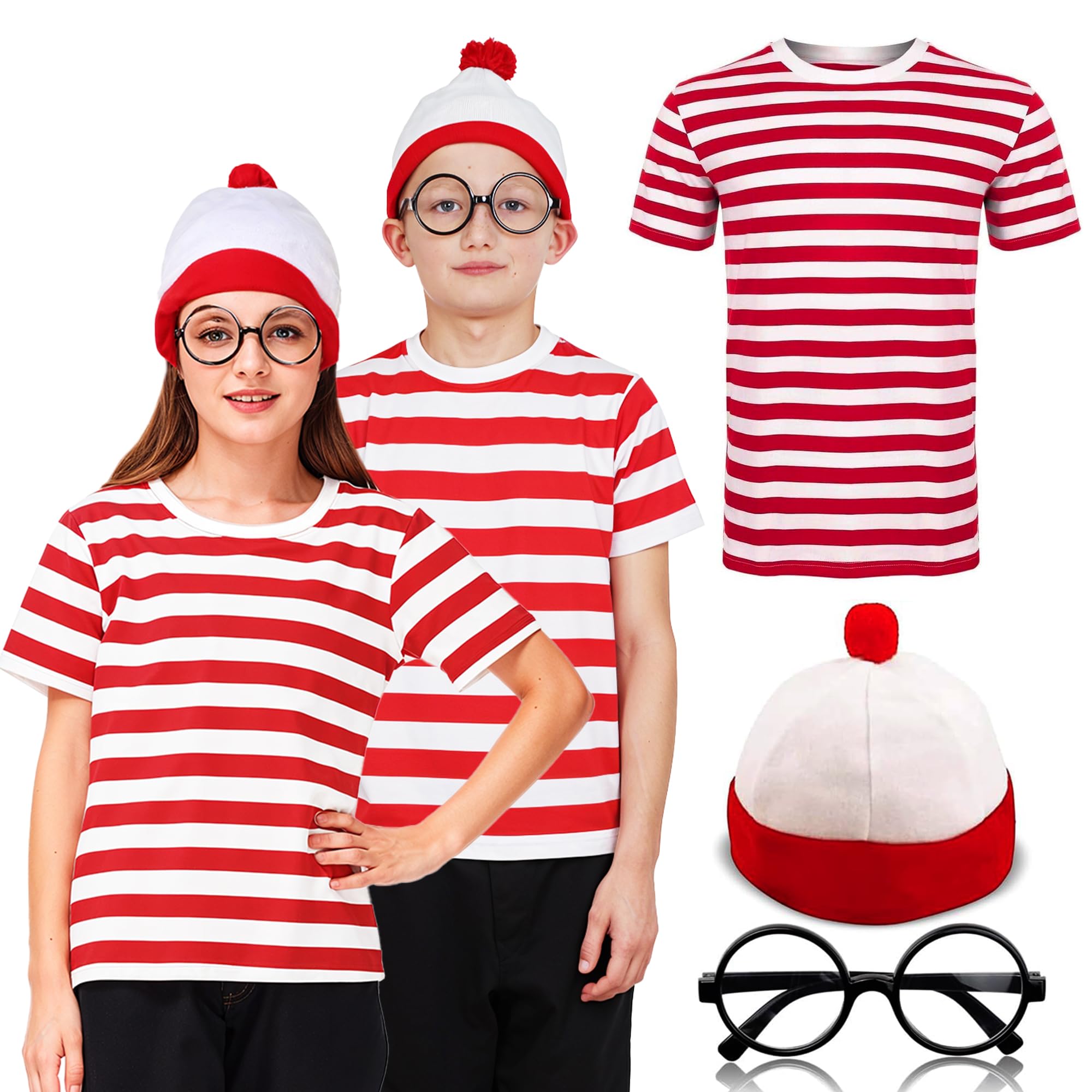 The Fancy Dress® Unisex Kids Boys Girls Red White Stripe T-Shirt Hat Glasses Set, Red White 3 Pcs Set, 7-8 Years
