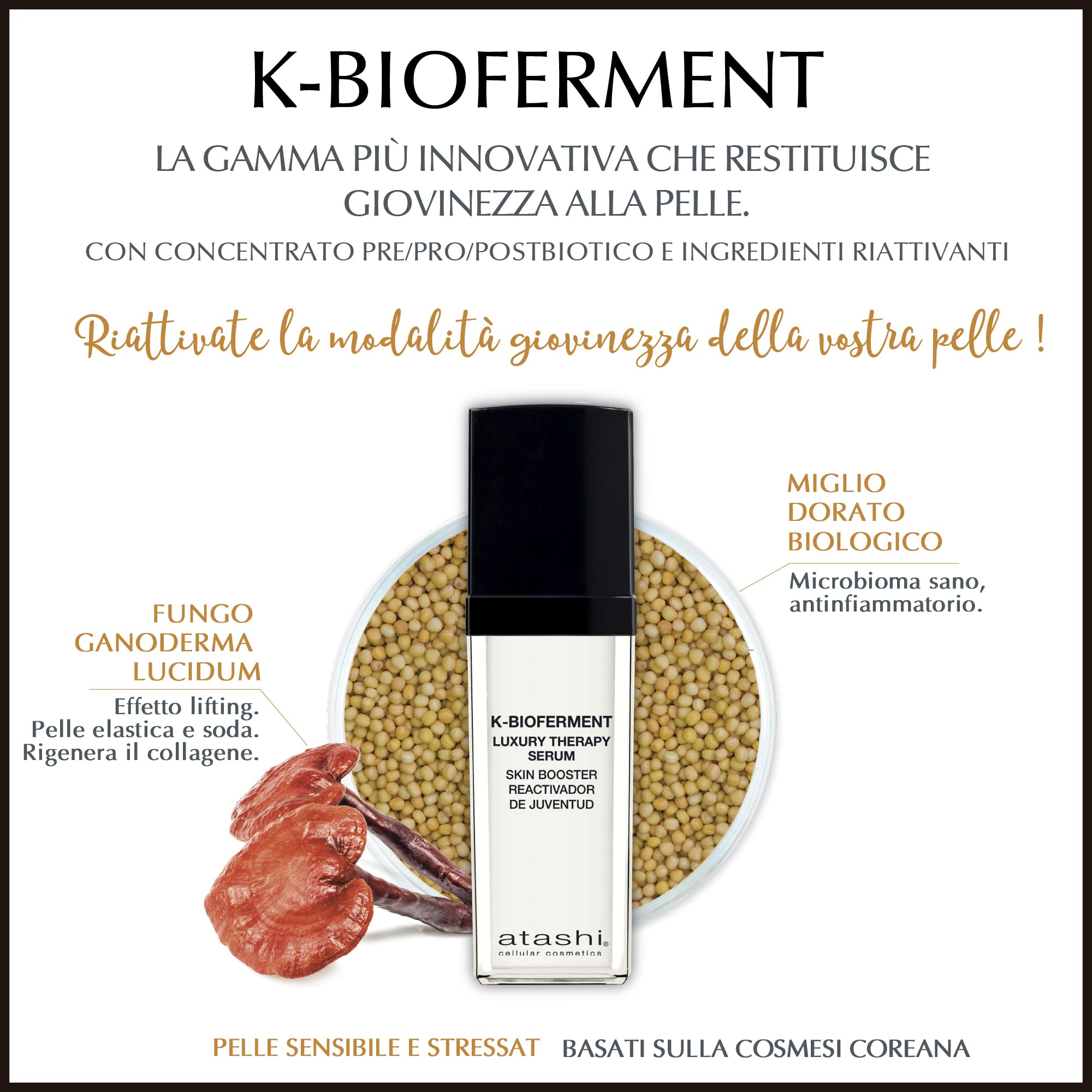 Atashi K-Bioferment | Therapy Luxury Serum Skin Booster | Serum aktywujące dla młodzieży | Rewitalizujące i regenerujące serum do twarzy przeciwstarzeniowe | Skóra wrażliwa i zestresowana | 30 ml