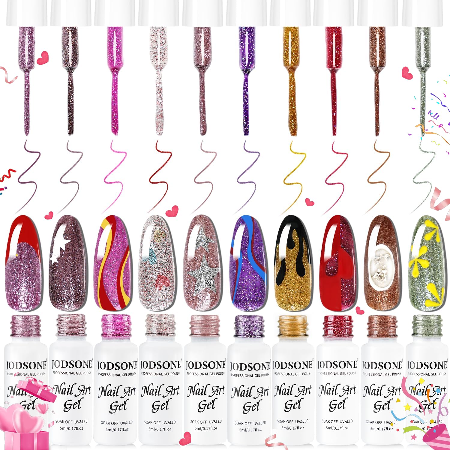 Amazon.com: JODSONE 10 Colors Glitter Nail Art Gel Liner Set, 5ml
