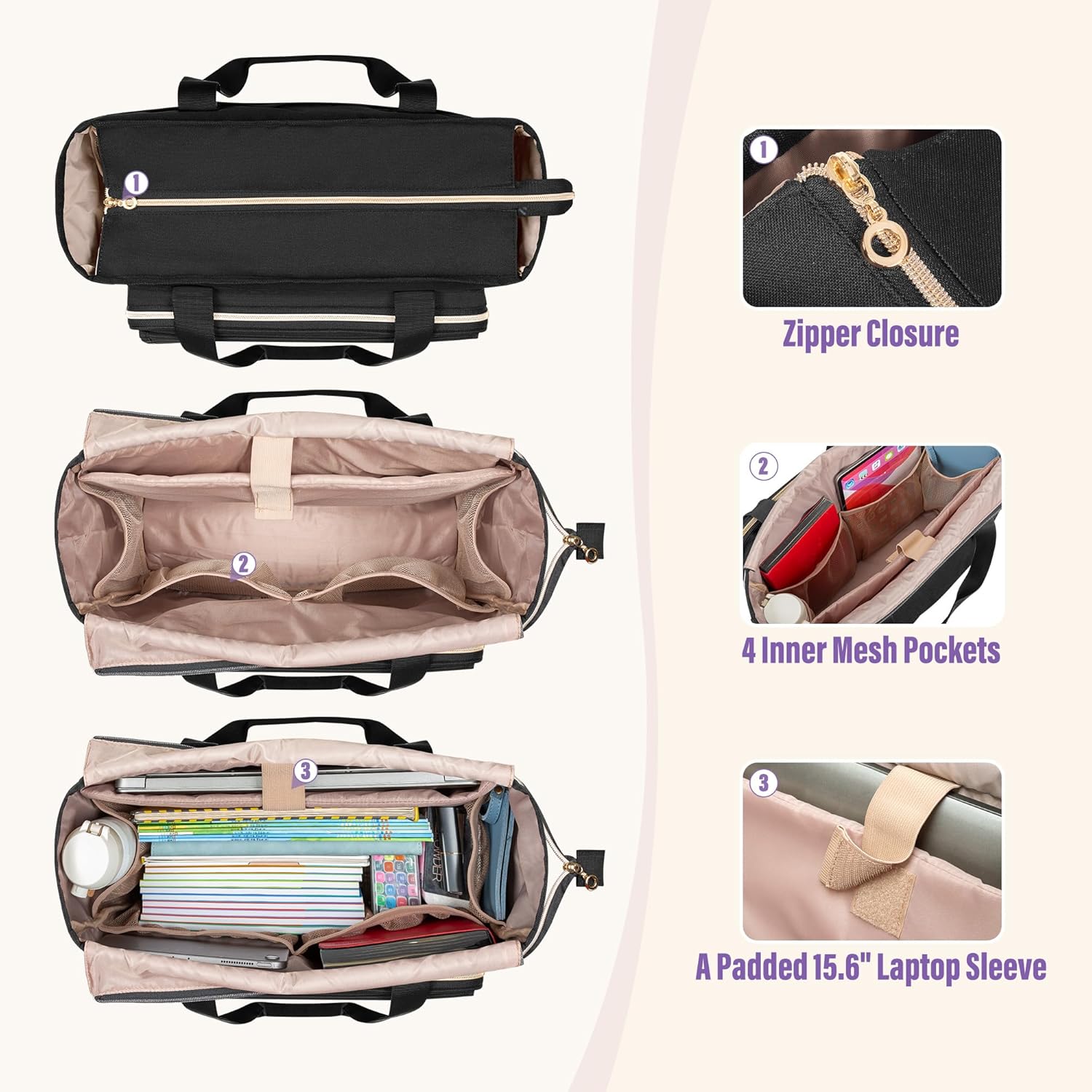 LUXJA Teacher Bag with Accordion File Area and Laptop Sleeve, Teacher Tote Bag for Women (Patent Pending), Black - Image 3