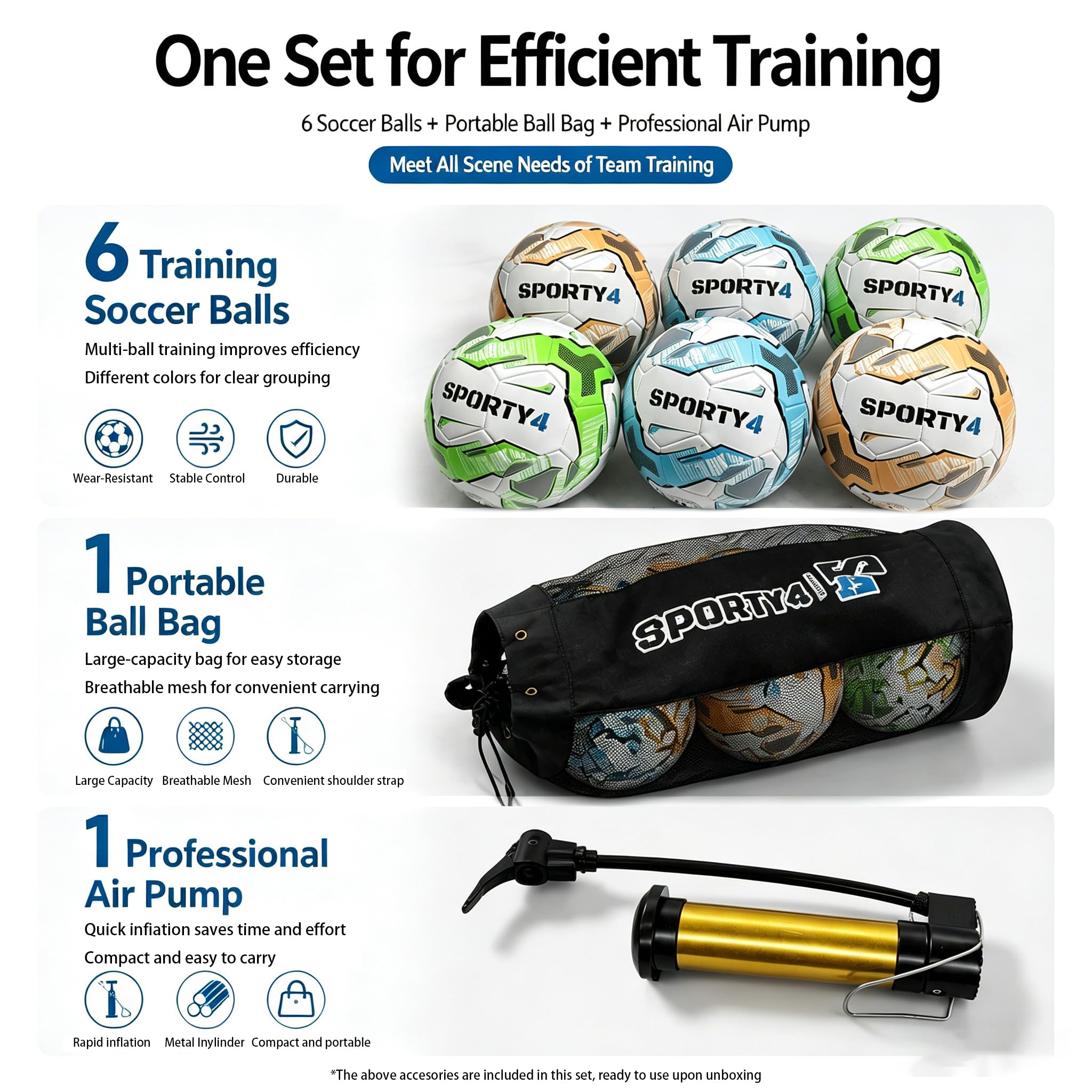 Paquete de 6 pelotas de fútbol tamaño 4 para entrenamiento y partidos, tamaño y peso oficiales, incluye red de transporte, bomba de aire, ideal para jugadores jóvenes y adultos, altamente