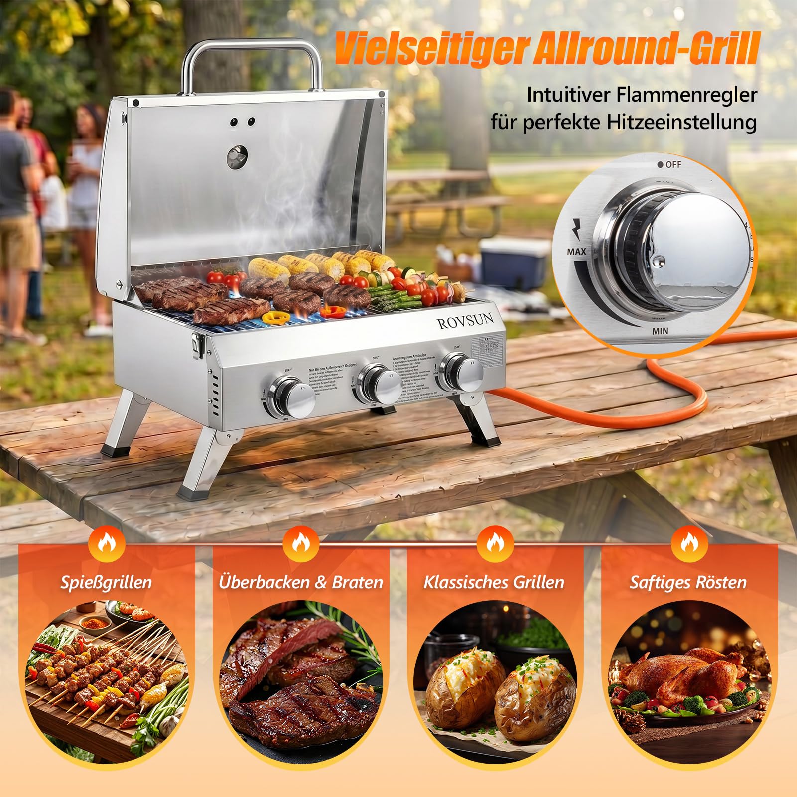 ROVSUN 6,6 kw Gasgrill mit 3 Brenner Gasgrill Camping mit Deckel & Thermometer 61x43x40 cm, Tischgrill für Hinterhof, Terrasse, Camping, Strand & Picknick