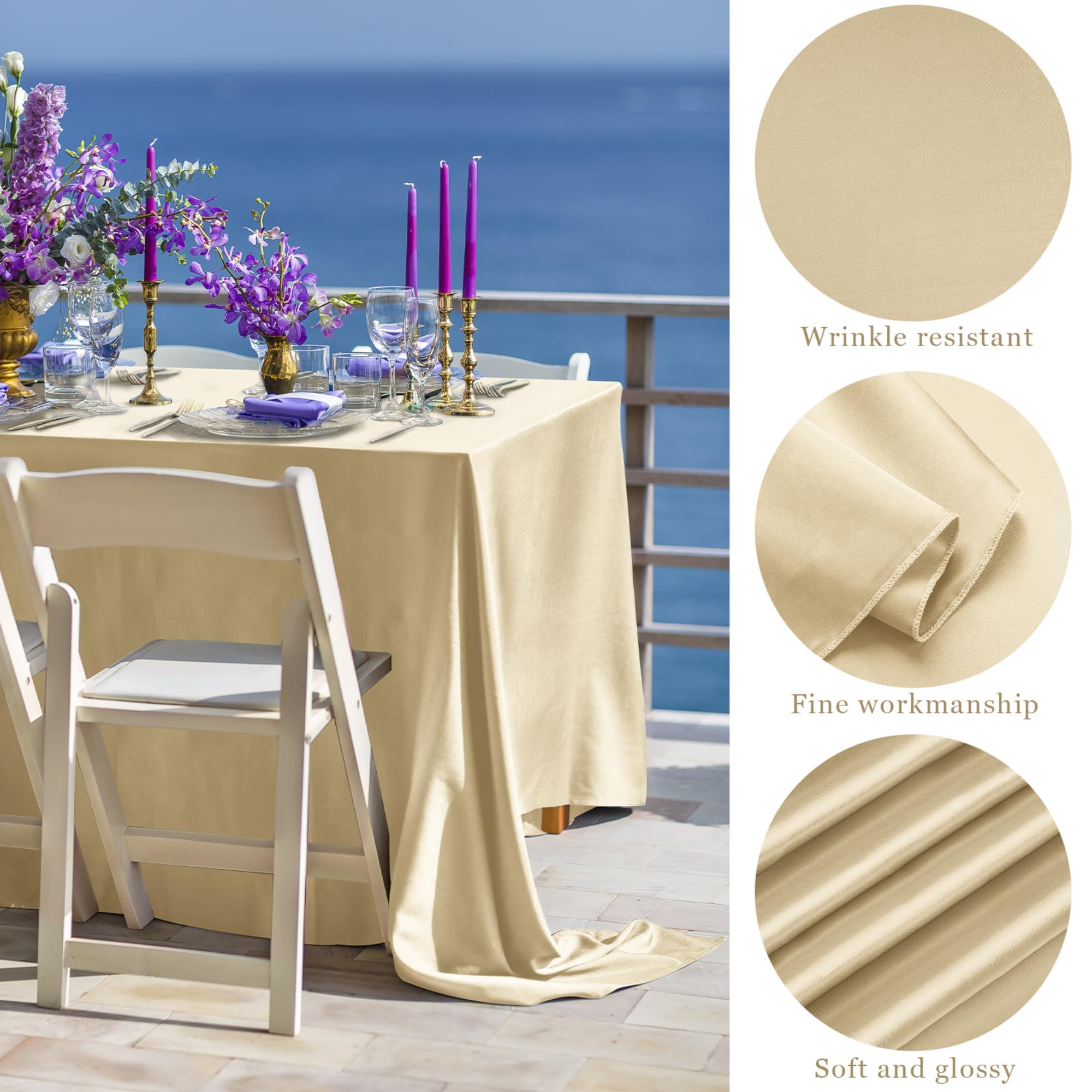 TURSTIN Confezione da 8 tovaglie in raso color champagne, 260 x 147 cm, sovrapposizione, rettangolari, in seta brillante, tessuto liscio, decorazione da tavolo, per matrimoni, banchetti, feste, eventi