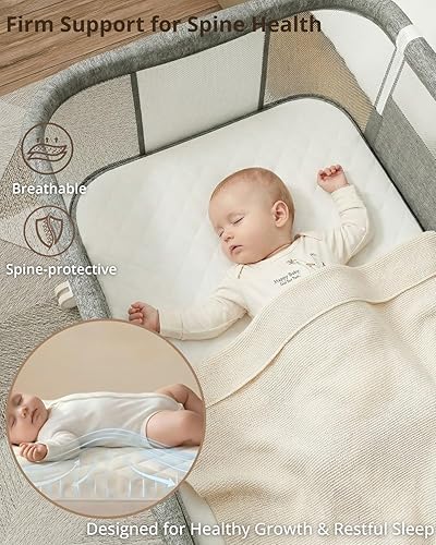 Miniatura 3 de Moisés de bebé 3 en 1 con colchón y ruedas, 5 moisés laterales de cama ajustables de altura para recién nacido, moisés mecedora gris para bebé