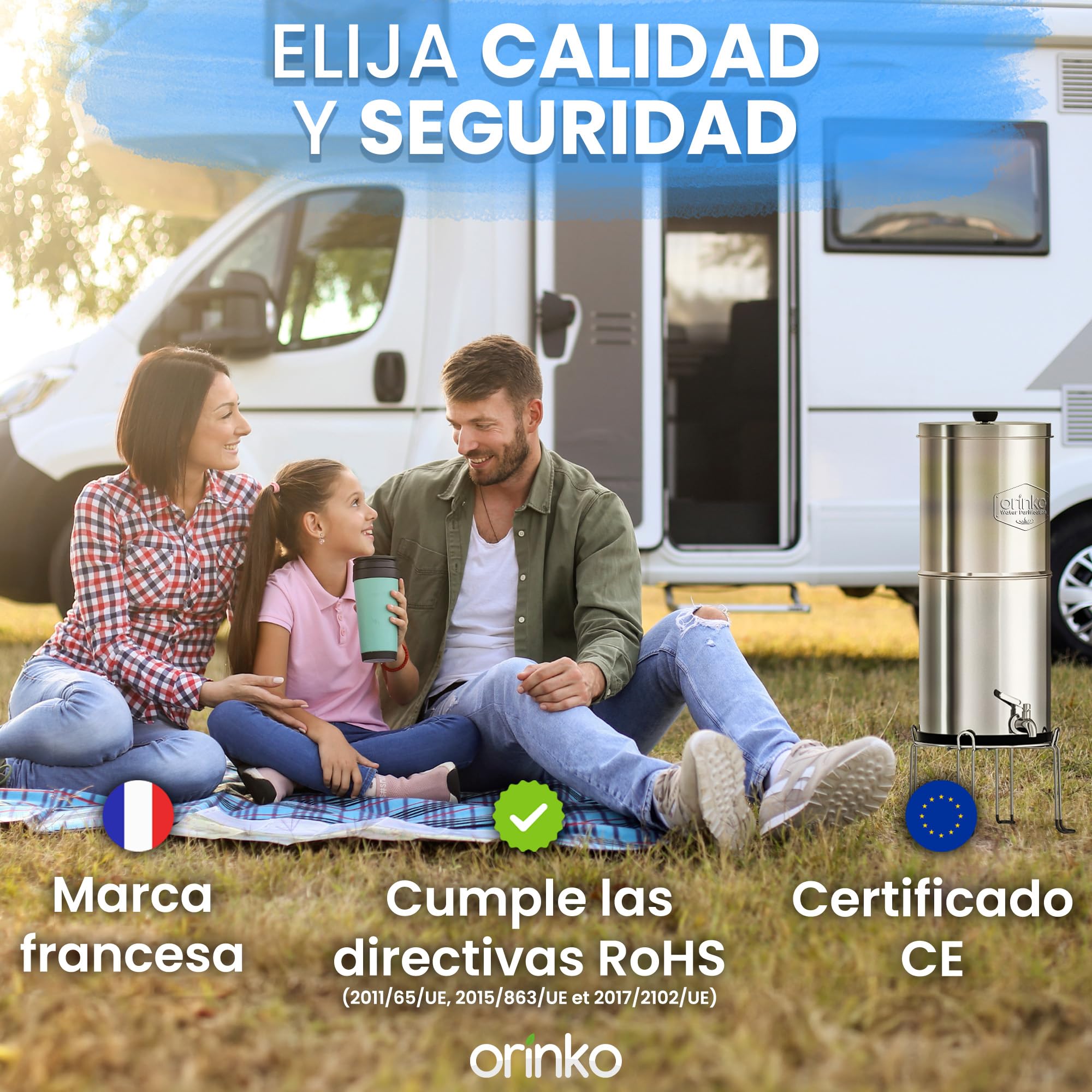 ORINKO Filtro de agua por gravedad 8,5 l con 4 cartuchos, purificador de agua con carbón activado, fuente filtrante para agua del grifo, agua de lluvia y más, filtración avanzada