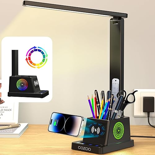 cozoo Lámpara de escritorio, lámparas de escritorio LED para oficina en casa, cargador inalámbrico pequeña lámpara de escritorio con soporte para