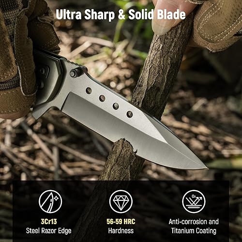 Miniatura 4 de KEXMO Cuchillo de bolsillo para hombres  Cuchillos de bolsillo plegables con mango de madera con clip, rompedor de vidrio, cuchillo EDC de hoja