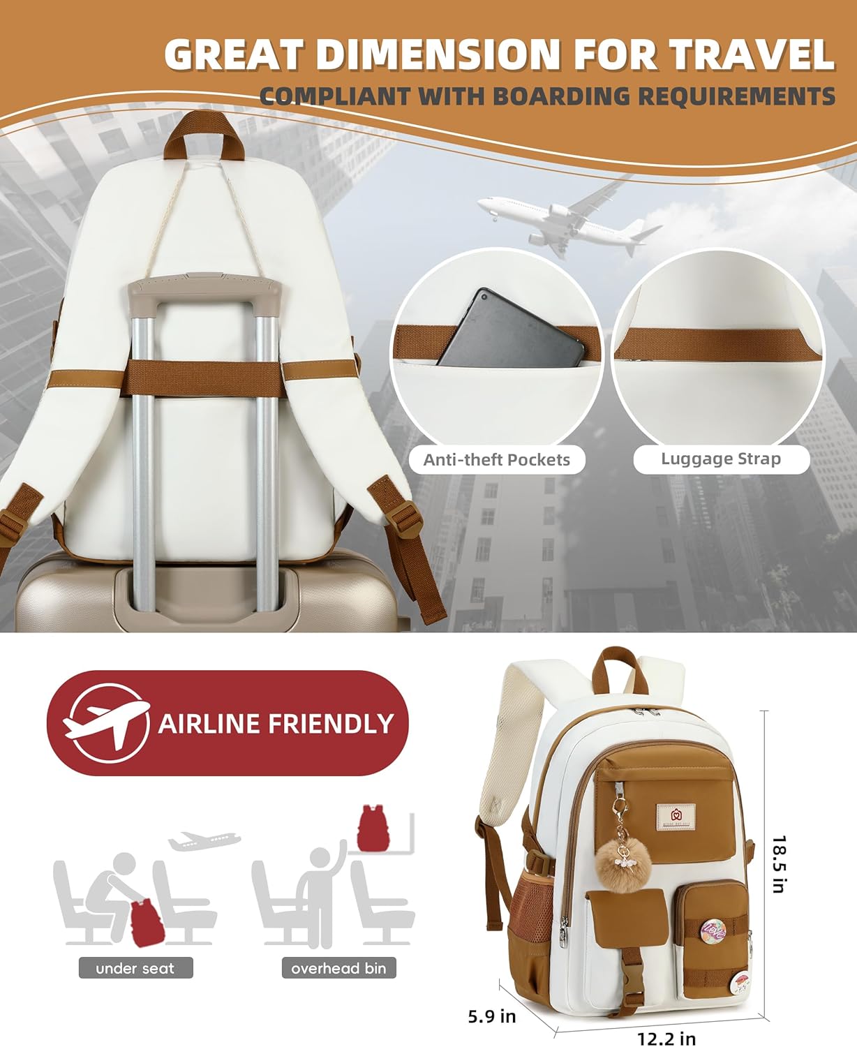 Hidds Laptop Backpacks 15.6 Inch School Bag Elementary Middle High College Backpack Cute Bookbags Anti Theft Travel Back Pack Casual Daypack Kids Book Bag for Teens Girls Women Students-Brown Beige