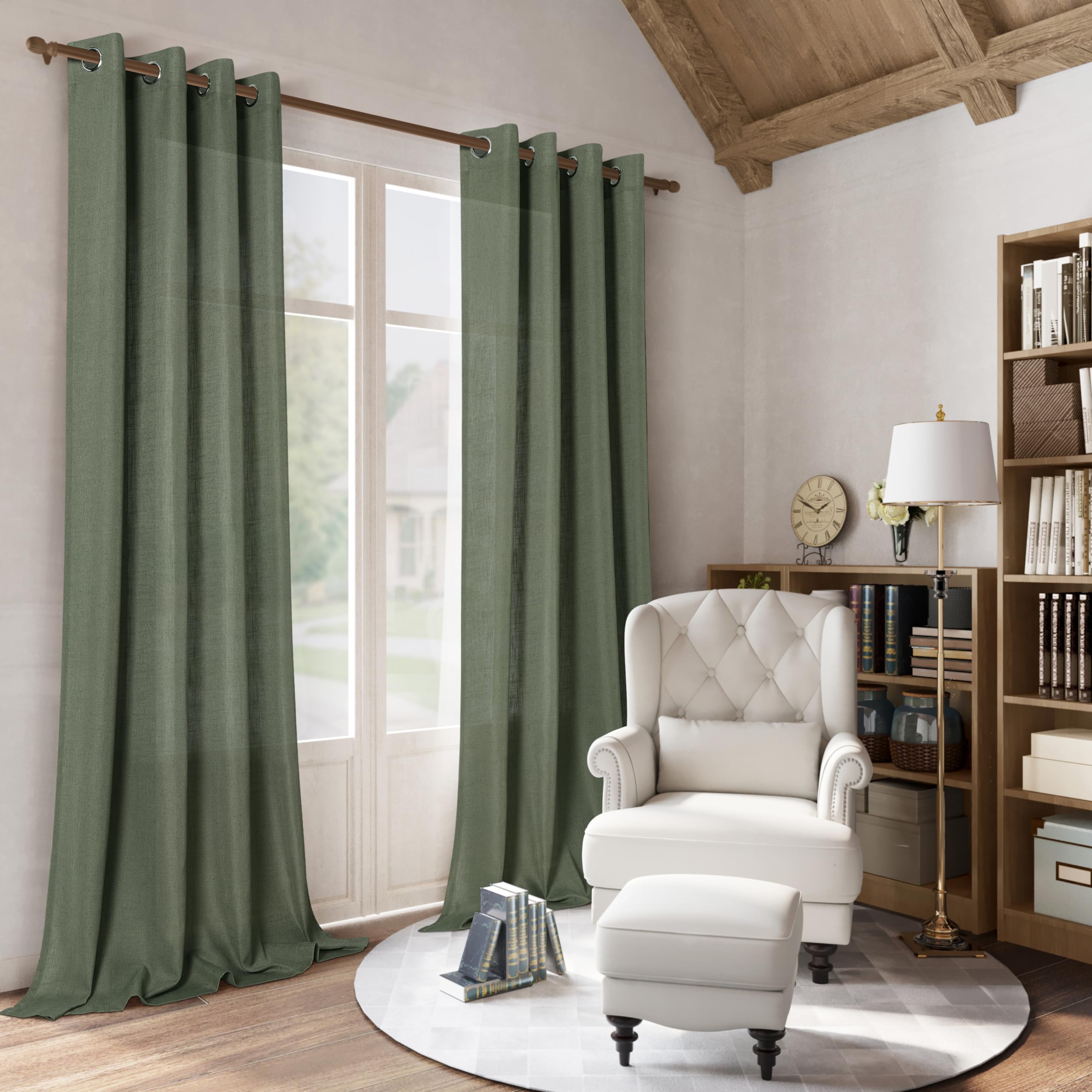 Mrs.Naturall Tende In Misto Lino Verde Oliva – 2 Pannelli (132 X 228 Cm) – Filtro Luce Con Tasca E Linguetta – Stile Bohémien Per Soggiorno