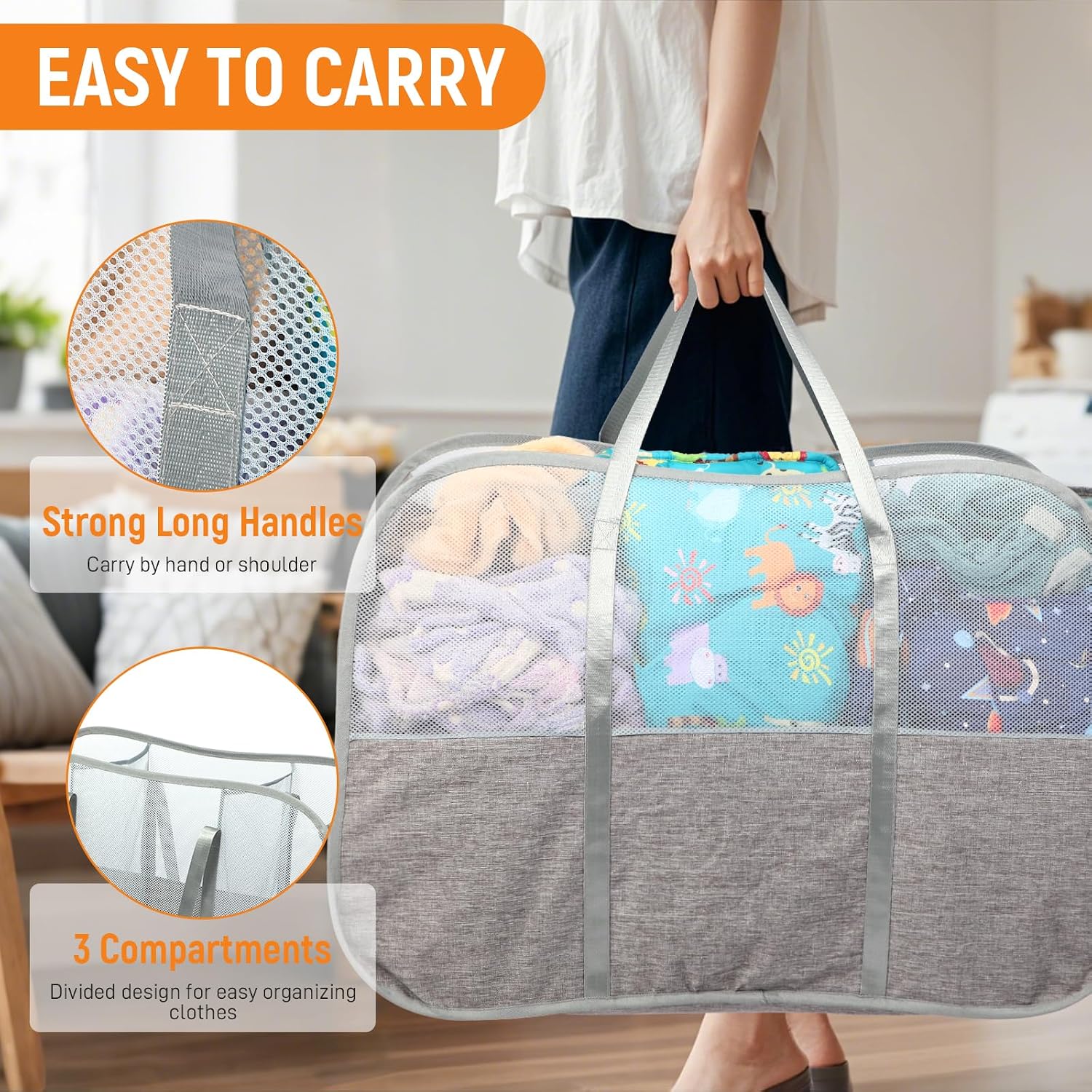 Collapsible Laundry Baskets with Easy Carry Handles, 95L Clothes Hamper 150L Pop Up Hamper 3 Compartment, Foldable Basket with Tote Handles Grey