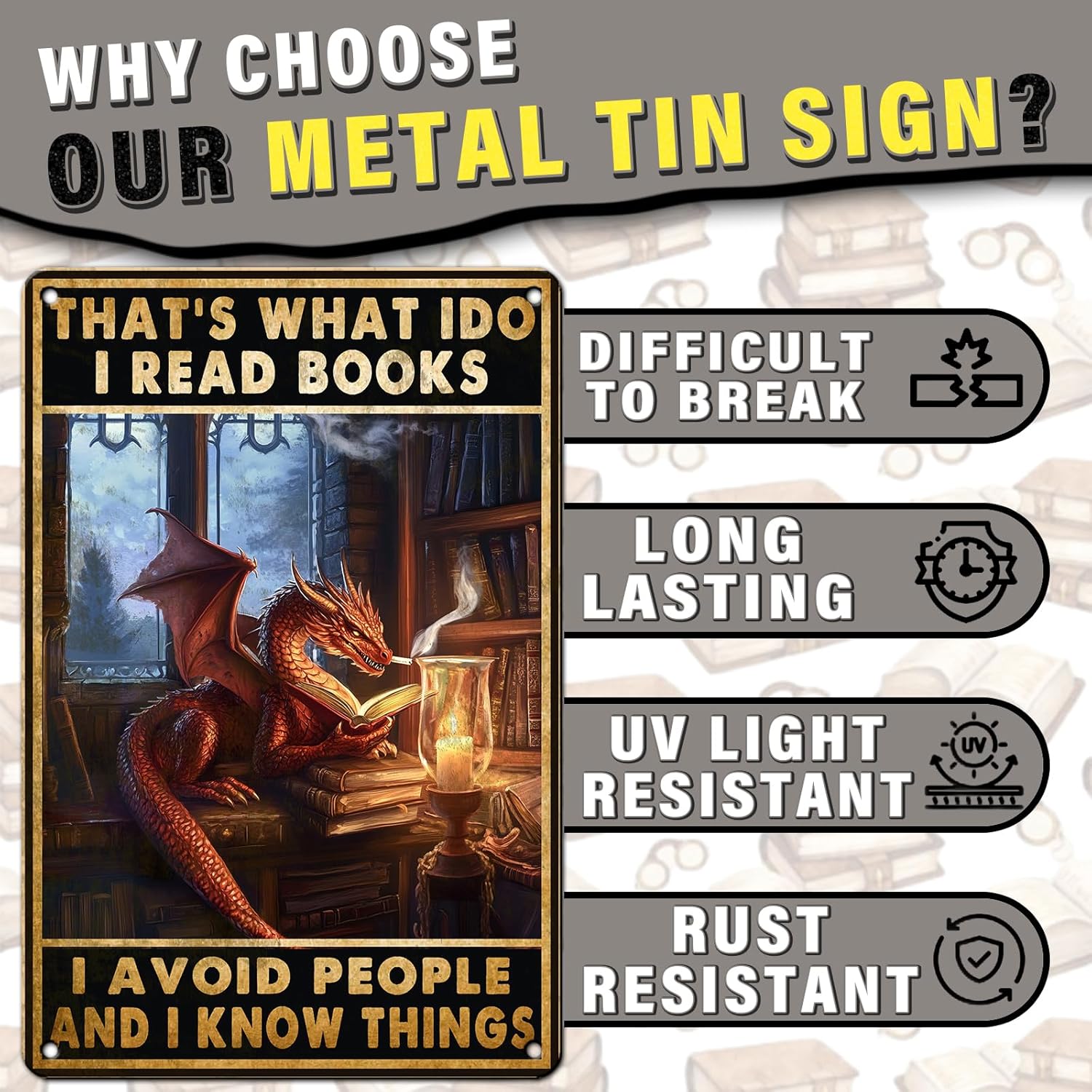 PEACHGARDEN Dragon Decor Bookish Metal Sign That's What I Do I Read Books Dragon Poster Vintage Wall Art Decor for Bookshelf Library Reading Corner Office Bar Living Room 8x12inch - Image 3