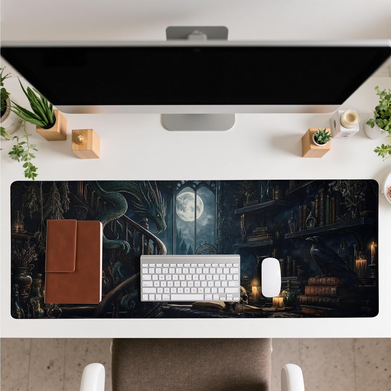 Mystical Gothic Library Gaming Mouse Pad Desk Mat Mouse Gaming Pads, Vintage Book-Themed Extra Large Desktop Computer Mats with Non-Slip Base & Stitched Edges, Vintage Office Decor 31.5x11.8 image 3