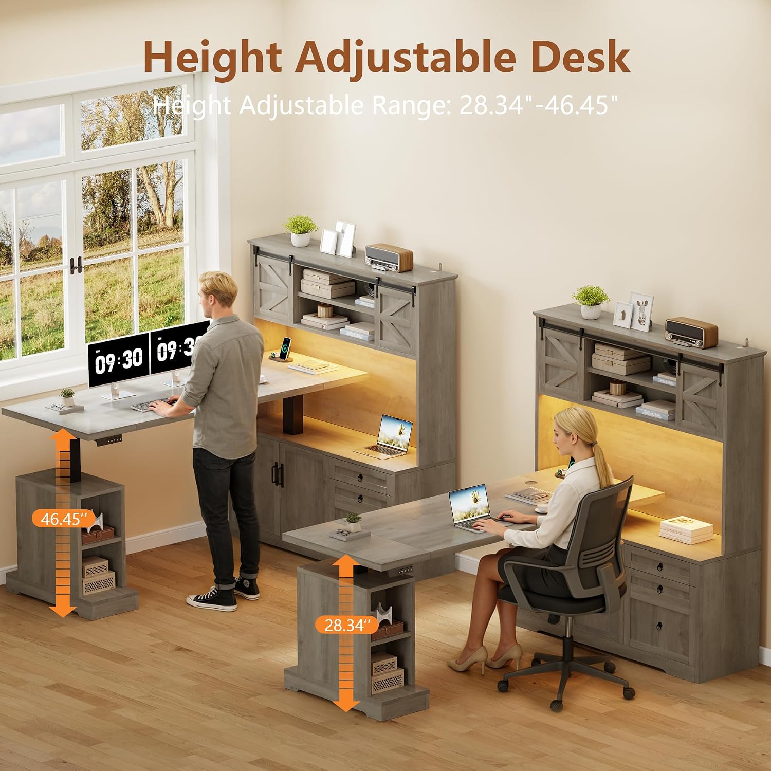 70.86" Farmhouse L Shaped Standing Desk with Hutch Electric Height Adjustable Desk with Storage Corner Computer Desk with File Drawer Power Outlets LED Gaming Desk with Sliding Door, Grey