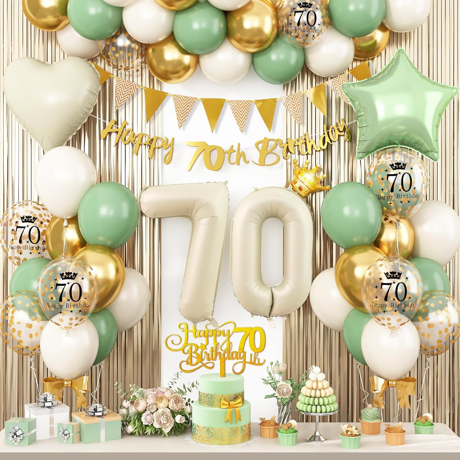70th Birthday Decorations for Women Men,Sage Green Gold — free download