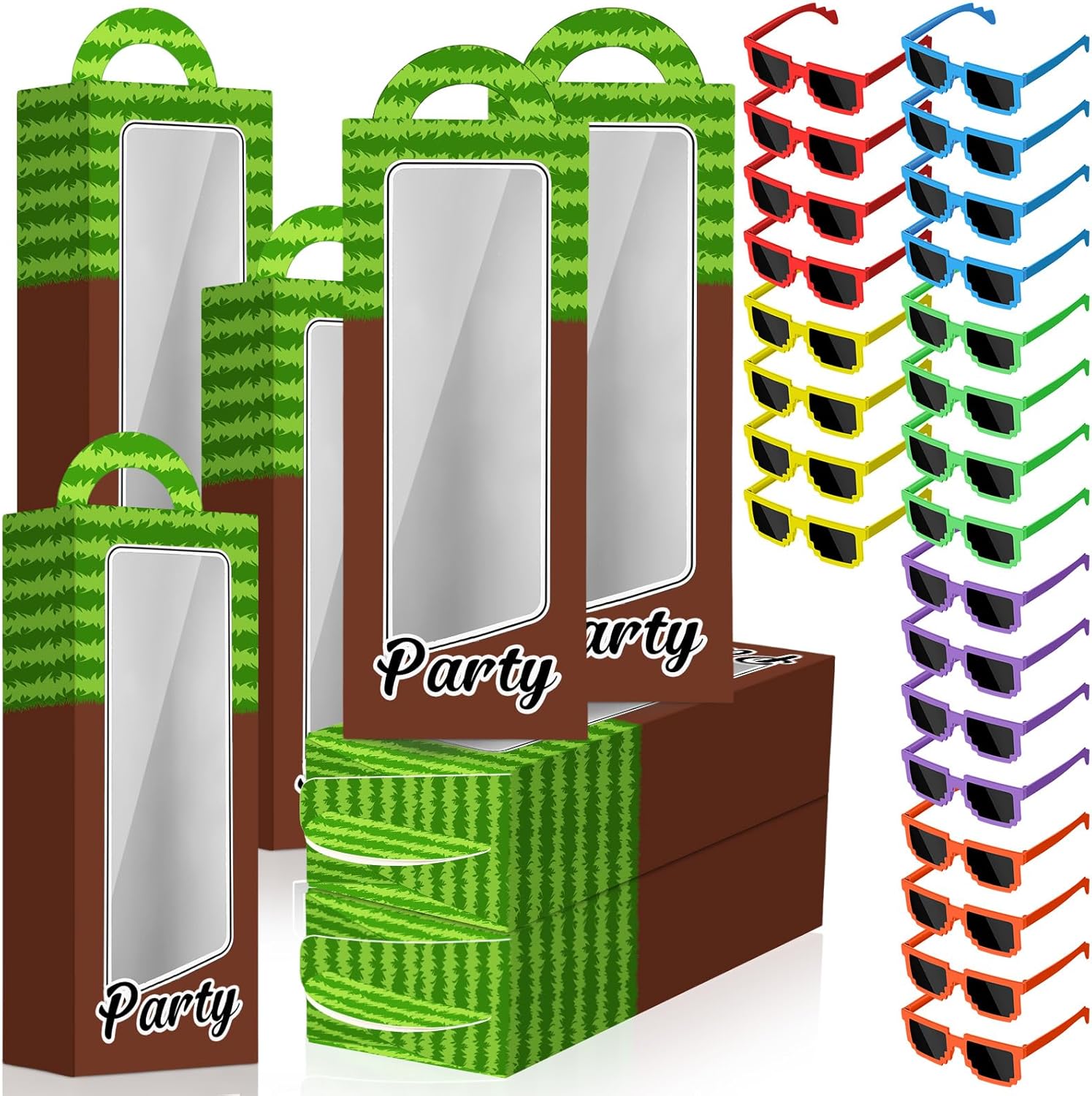 96 Pcs Pixel Party Favors Pixelated Theme Gift Boxes Pixel Sunglasses Birthday Party Supplies (Classic Colors)