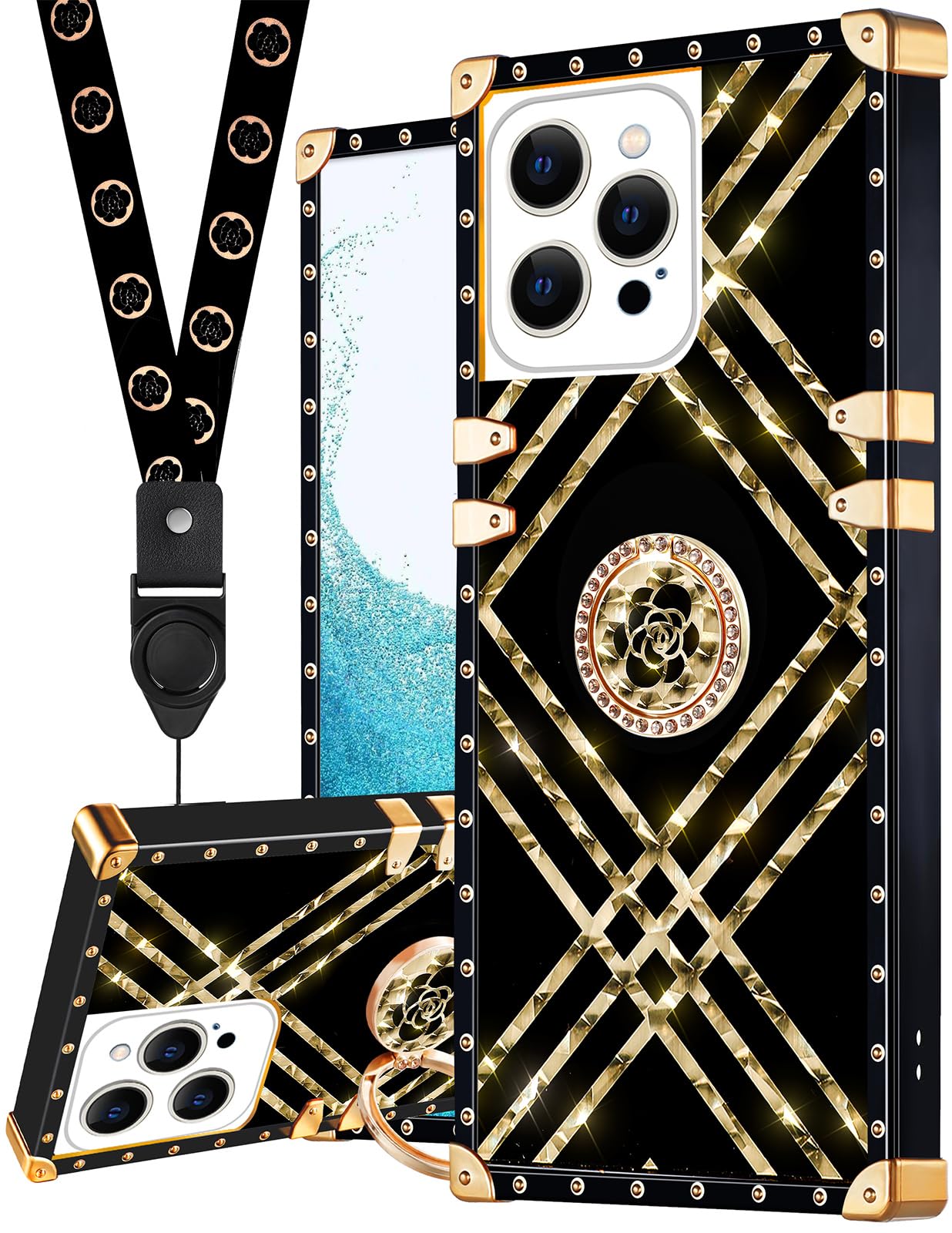 Loheckle for iPhone 15 Pro Max Case for Women Girls Teens Designer Fashion Cute Cases with Ring Stand Holder and Lanyard Stylish Aesthetics Camellia