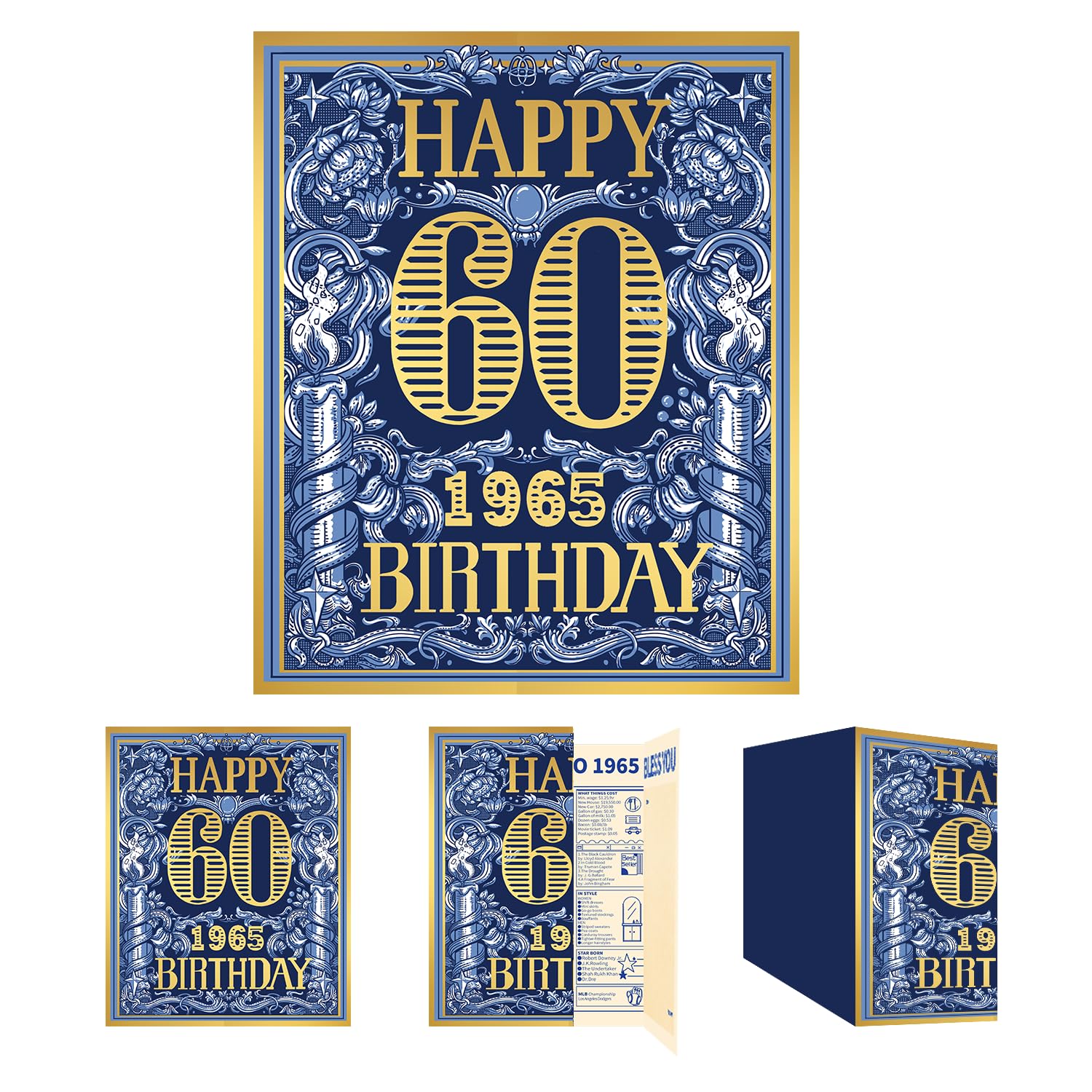 Gcardist 2025 60th Birthday Greeting Card, 60 Years Old Birthday Gift Card,Memory Back In 1965,Vintage Blue Gold（Envelope）