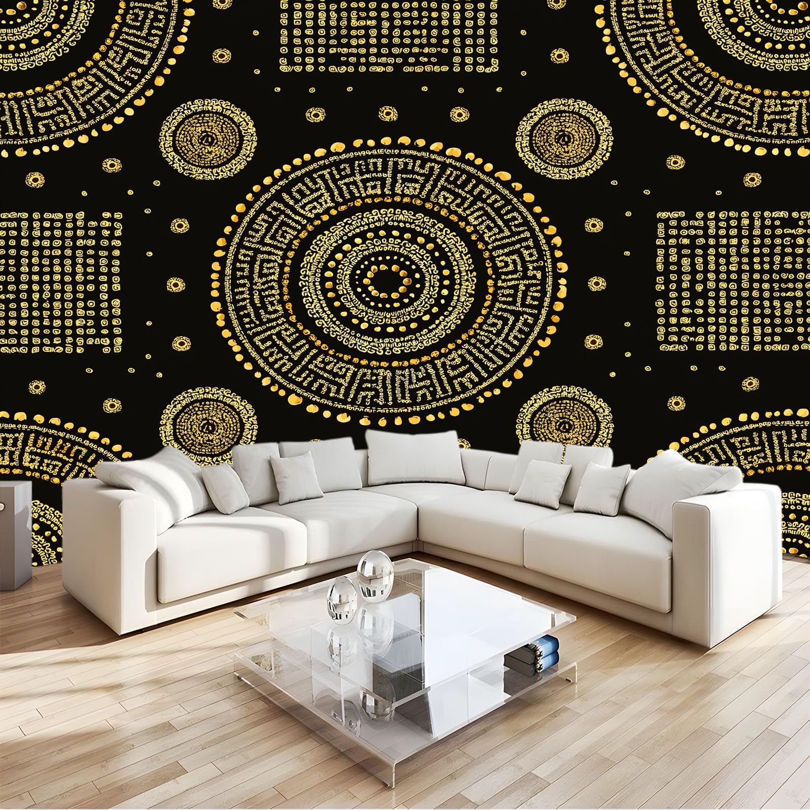 Geometryczna tapeta plemienna panoramiczna w kropki, okrąg etniczny 200 x 140 cm, czarny, gigantyczny plakat ścienny, efekt 3D Trompe l'oko, dekoracja ścienna do salonu, pokoju dziecięcego i jadalni