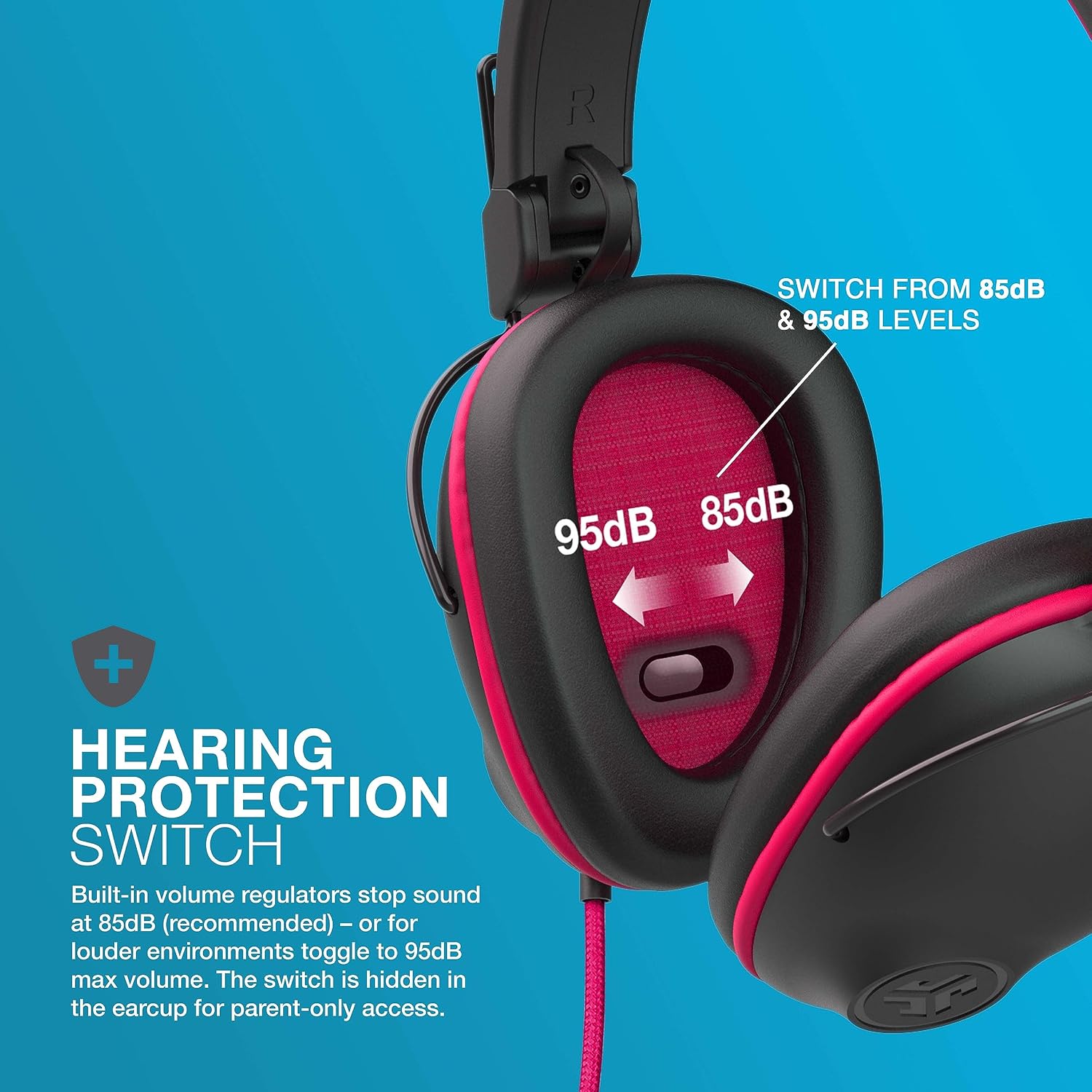 JLab JBuddies Pro Wired Over-Ear Kids Headphones, Built-in Volume Regulators for Safety, Folding, Adjustable, Noise Isolation, with Mic, Pink image 2