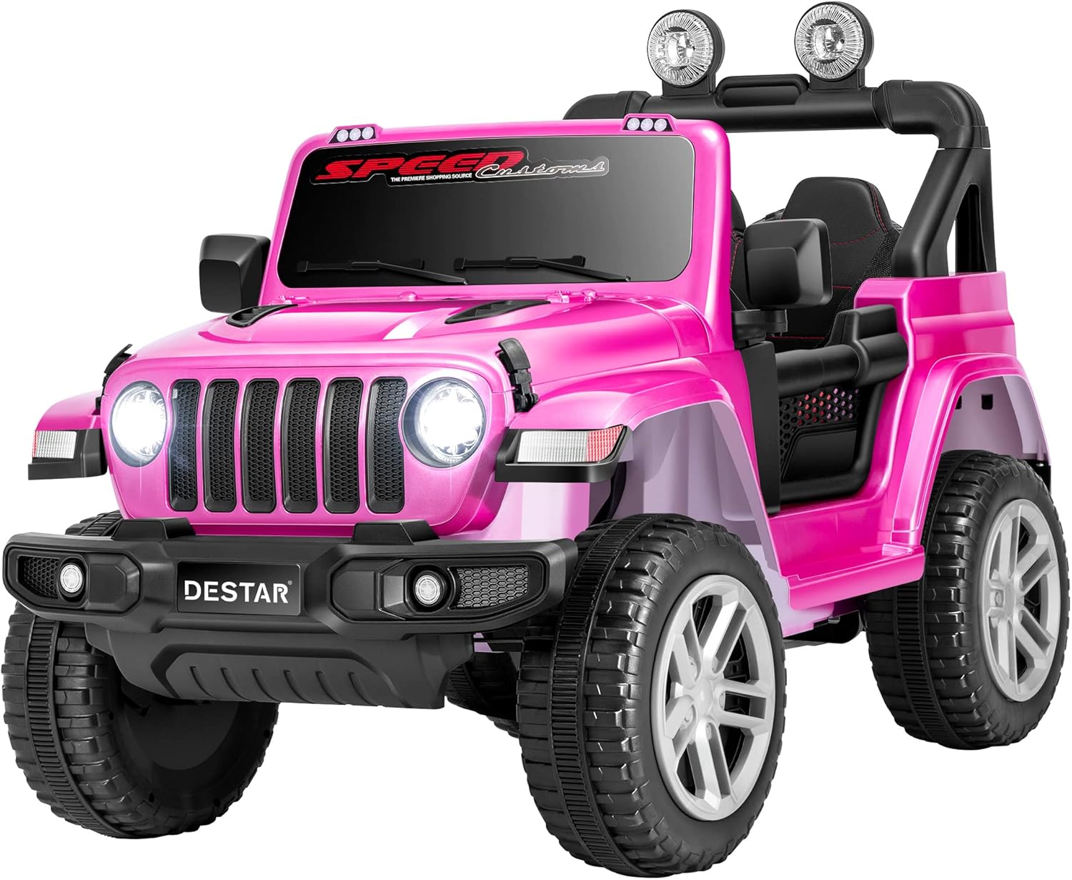 DEStar 12V Ride on Truck with Parental Remote Control, Battery Powered Kids Toy Car with Leather Seaters, LED Headlights, MP3 Player, 3 Speeds, Pink : Toys & Games