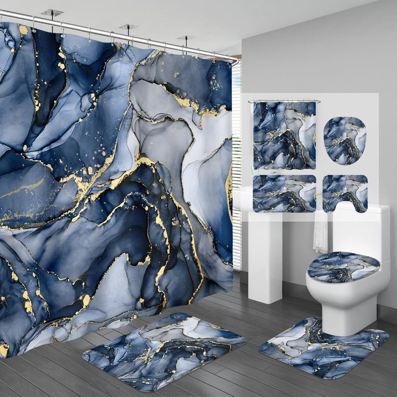 4PCS Navy Blue Marble Shower Curtain Sets with Rugs | Abstract Dark Blue Bathroom Sets with Shower Curtain and Rugs, Modern Bathroom Curtains Shower Set with Toilet Lid Cover