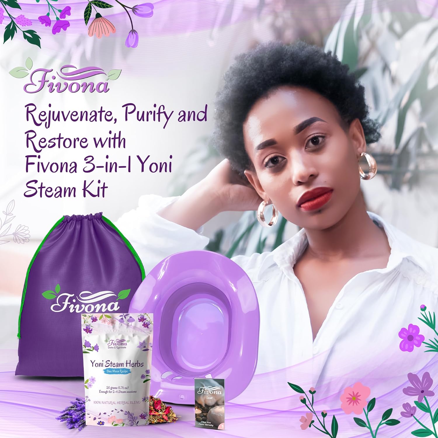 Fivona Yoni Steaming Kit 3-in-1 Bundle of Expandable Steaming Seat for Toilet Storage Bag and All Natural Blue Moon Herbal Blend for V-Steam Therapy Cleansing Detox Tightening Fertility Increase