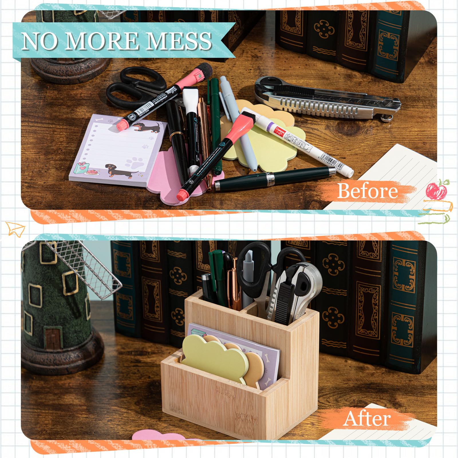 Maitys Bamboo Wood Pen Holder for Desk Wooden Pencil Remote Control Organizer with 3 Compartments Small Desk Accessories for Workspace Home Office Classroom Bathroom 2