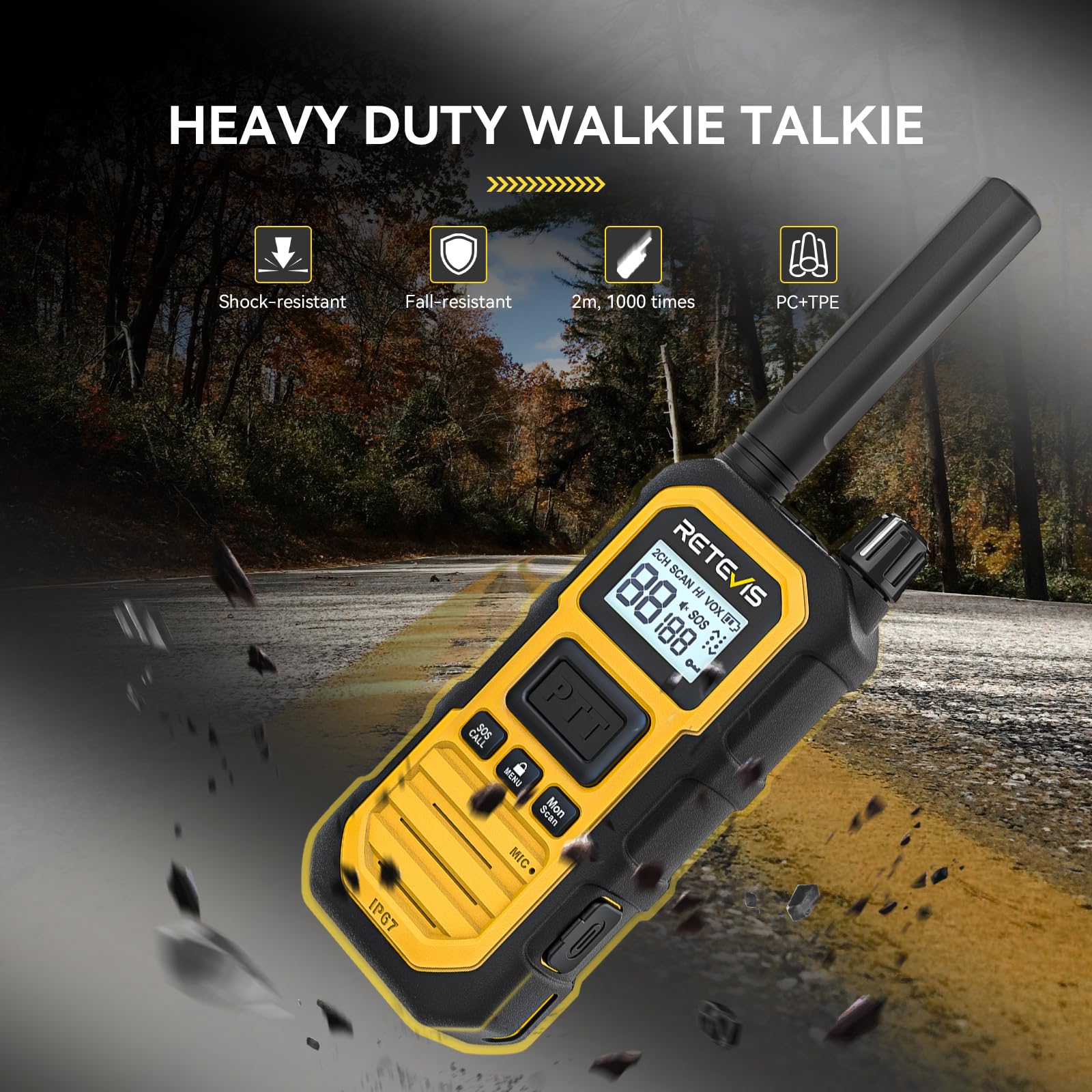 Retevis RB648 Plus Talkie Walkie Longue Portée, Radio Bidirectionnelle Étanche IP67, 2000mAh, Alarme d'urgence, Talkie-Walkie Professionnel de Mise à Niveau pour Le Camping (2 Pièces, Jaune)