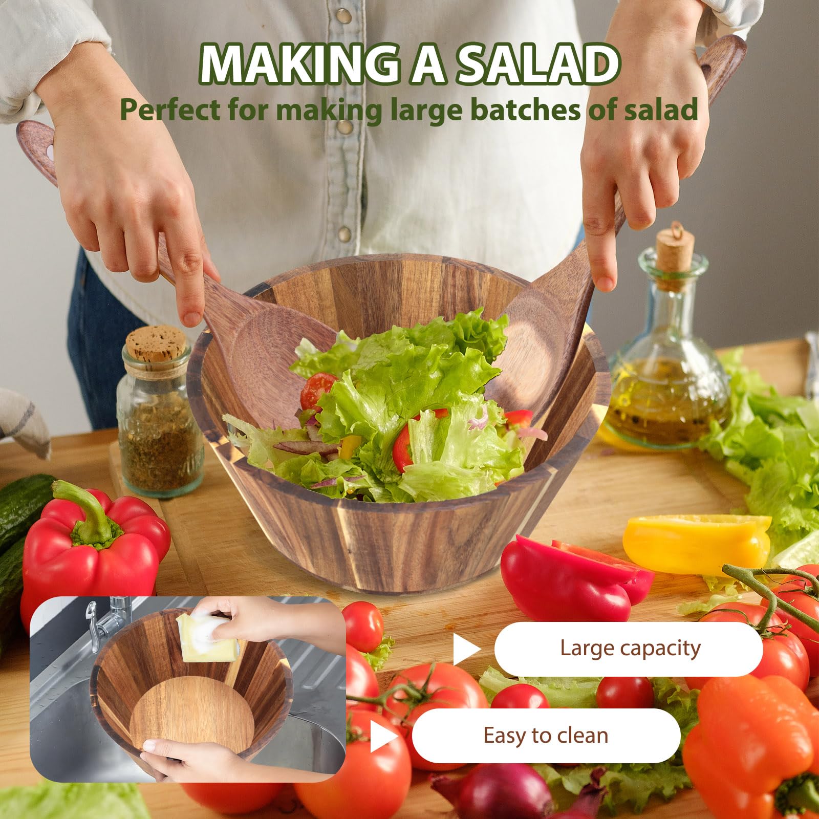 Juego de 3 cuencos de ensalada de madera de acacia de 11.8 pulgadas, cuenco grande con utensilios de servir, tenedor y cuchara para mezclar frutas, cereales, cocina, fiesta en casa (3