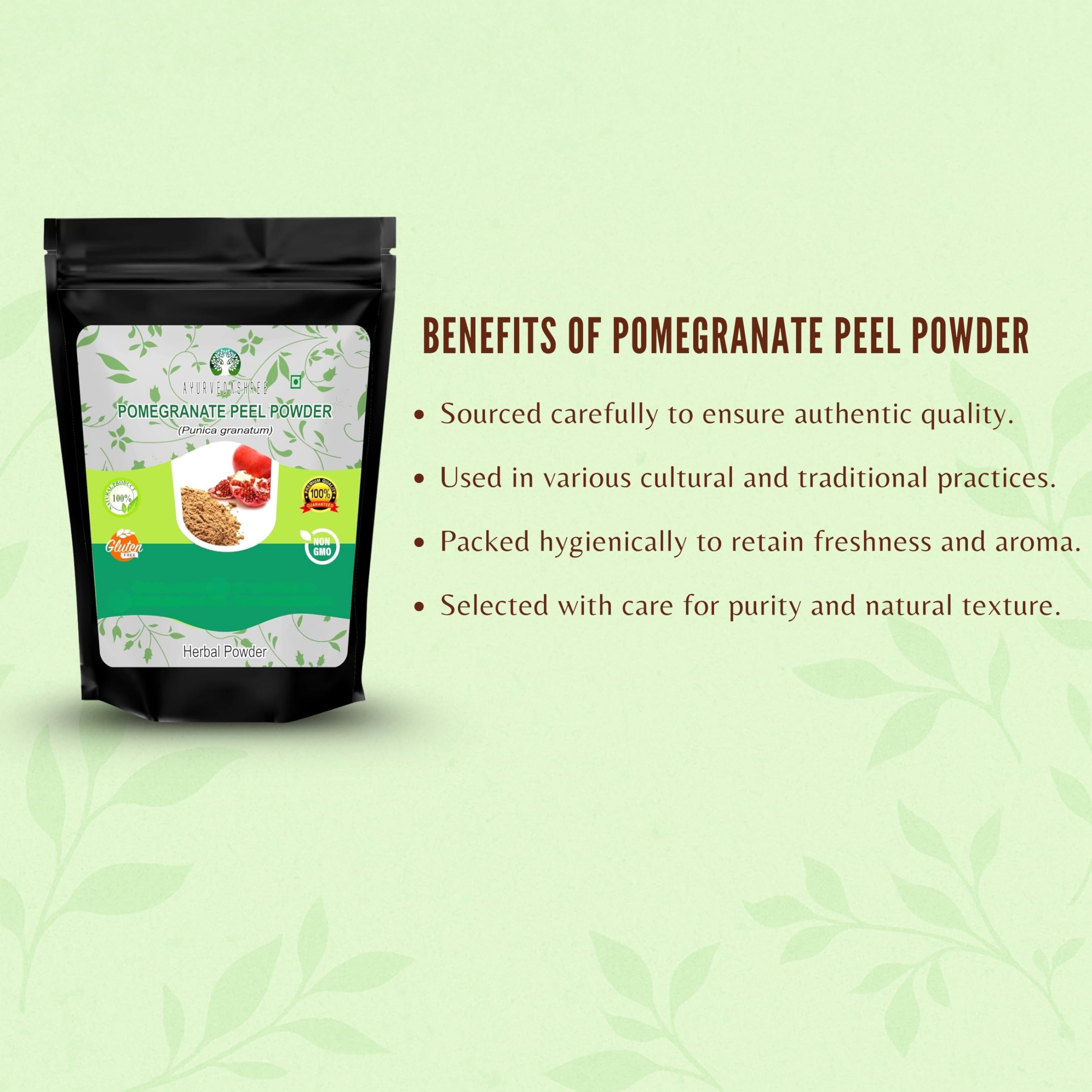 Ayurvedashree Granatapfelschalenpulver, 50 g, Antioxidans für die Haut, fördert eine junge Haut, natürliches Punica Granatum, glutenfrei und GVO-frei, Hautpflege, 50 g (1 Stück)