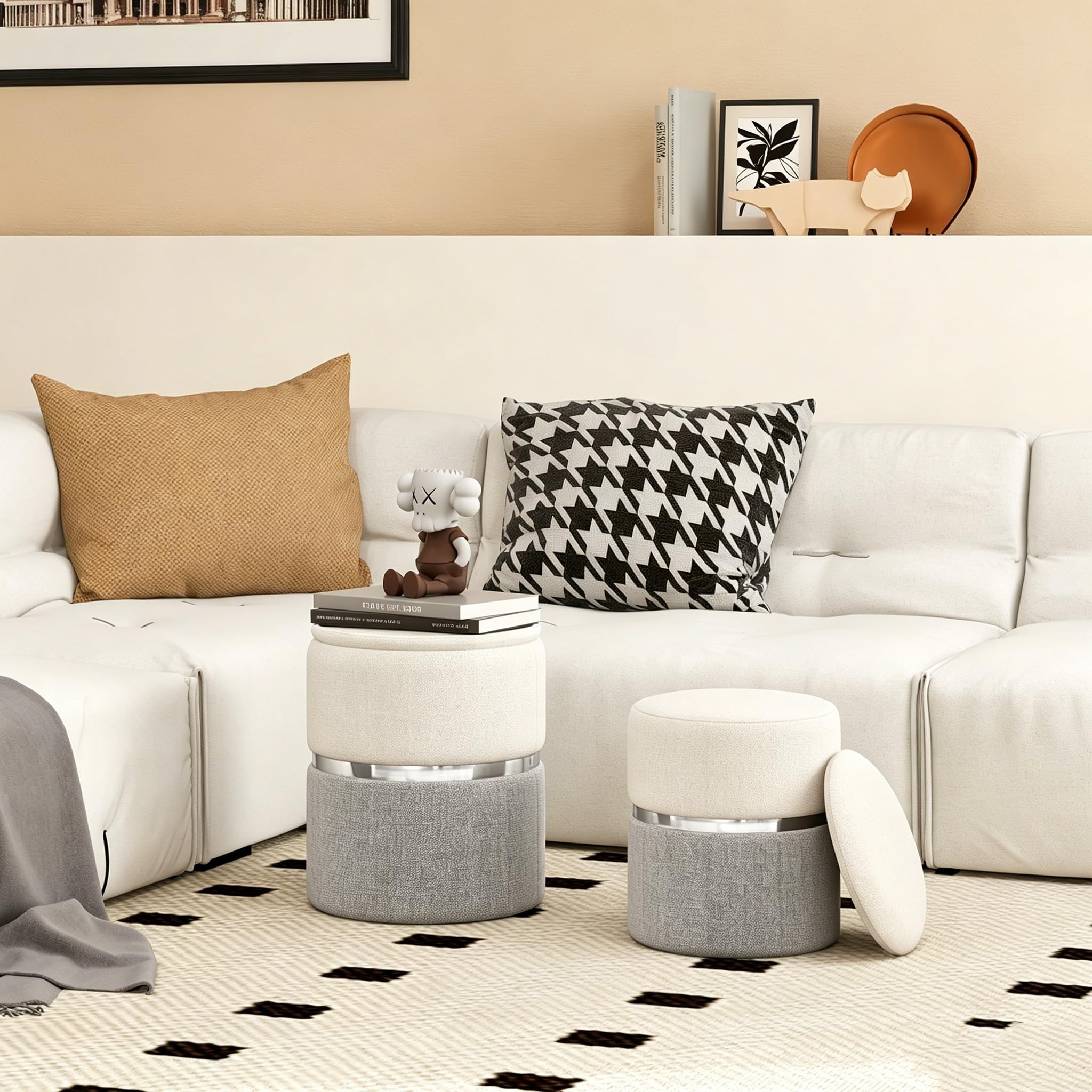 HOMASIS 2er Set Hocker mit Stauraum, Samt Sitzhocker rund, Polsterhocker aus Leinen, gepolsterter Schminkhocker Fußhocker mit abnehmbarem Deckel für Schminktisch, Wohnzimmer, Schlafzimmer (Grau)