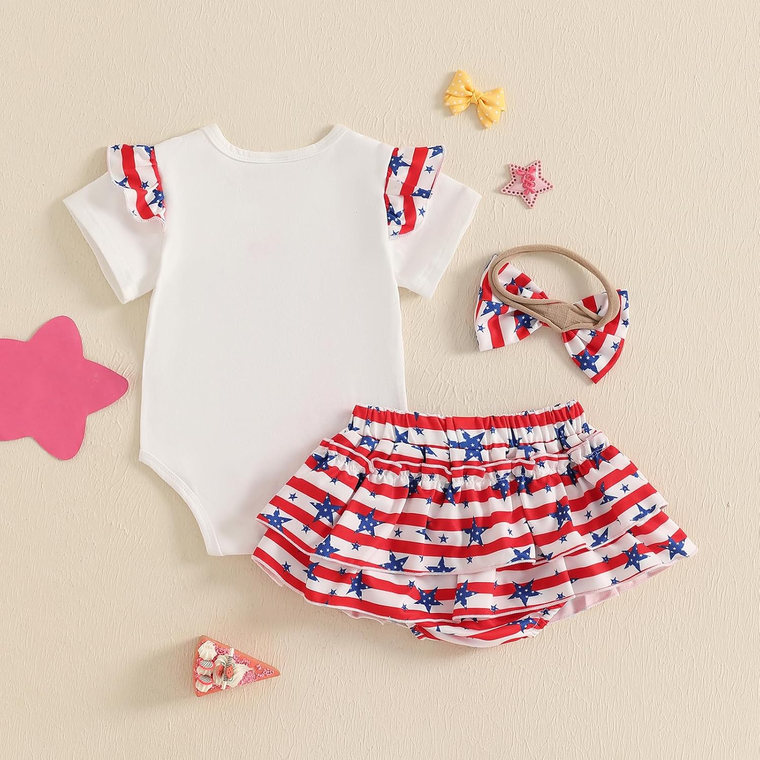 4th Of July Baby Girl Outfits Cute Letters Romper Stars and Stripe Bottom Shorts Headband Fourth Of July Clothes