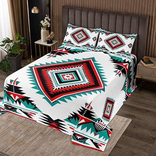 Miniatura 4 de Erosebridal Juego de colcha étnica tribal con flechas geométricas aztecas, acolchado occidental, tribu africana, exótico, atrapasueños, plumas,