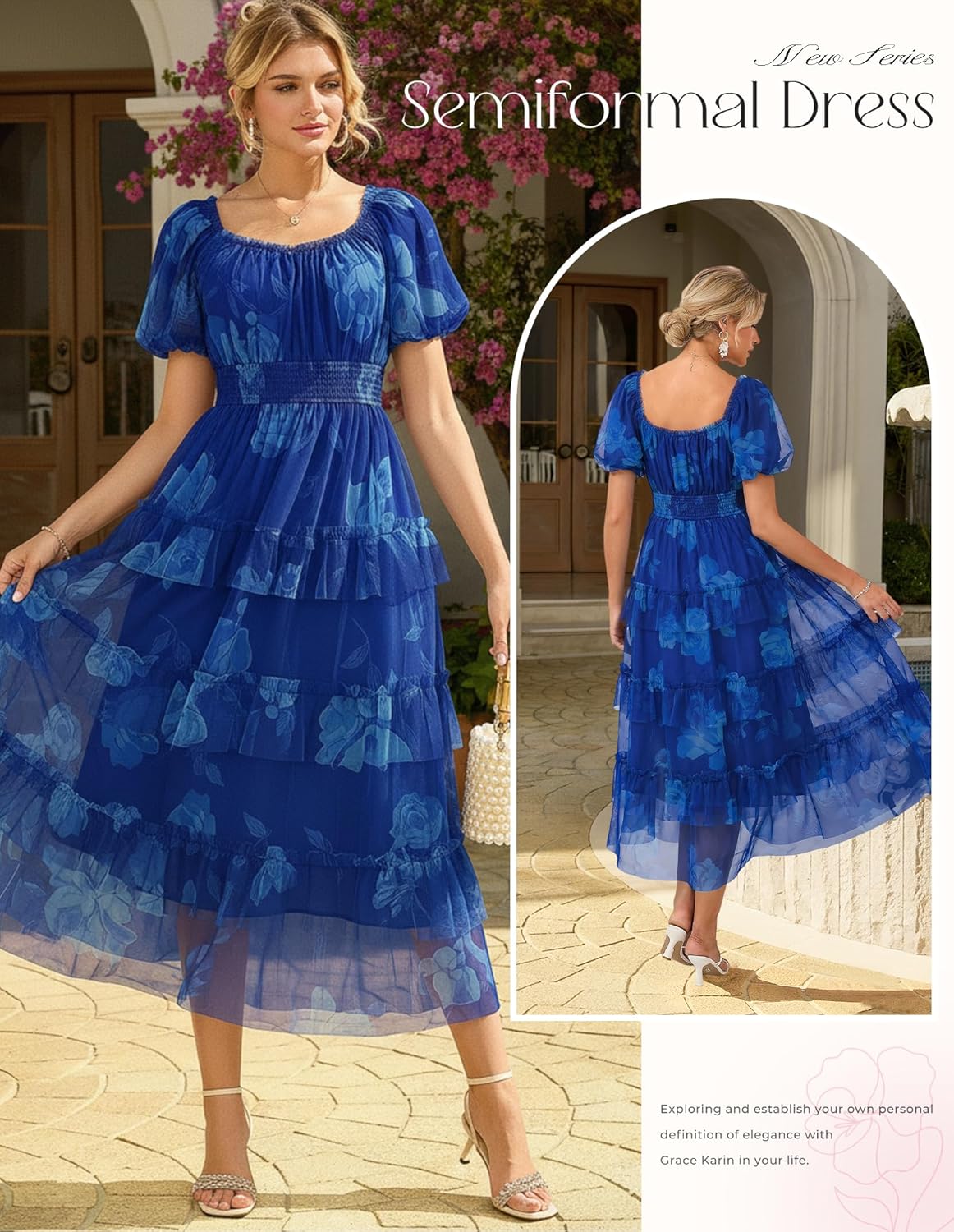 GRACE KARIN Women's 2026 Summer Midi Tulle Dress,Square Neck Puff Sleeve Smocked Mesh Dresses,Wedding Guest Party Dresses - Image 3