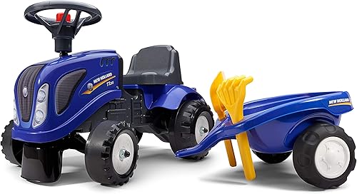 Falk Tractor New Holland con remolque, rastrillo y pala, montar y empujar para niños pequeños +1.5 años FA280C