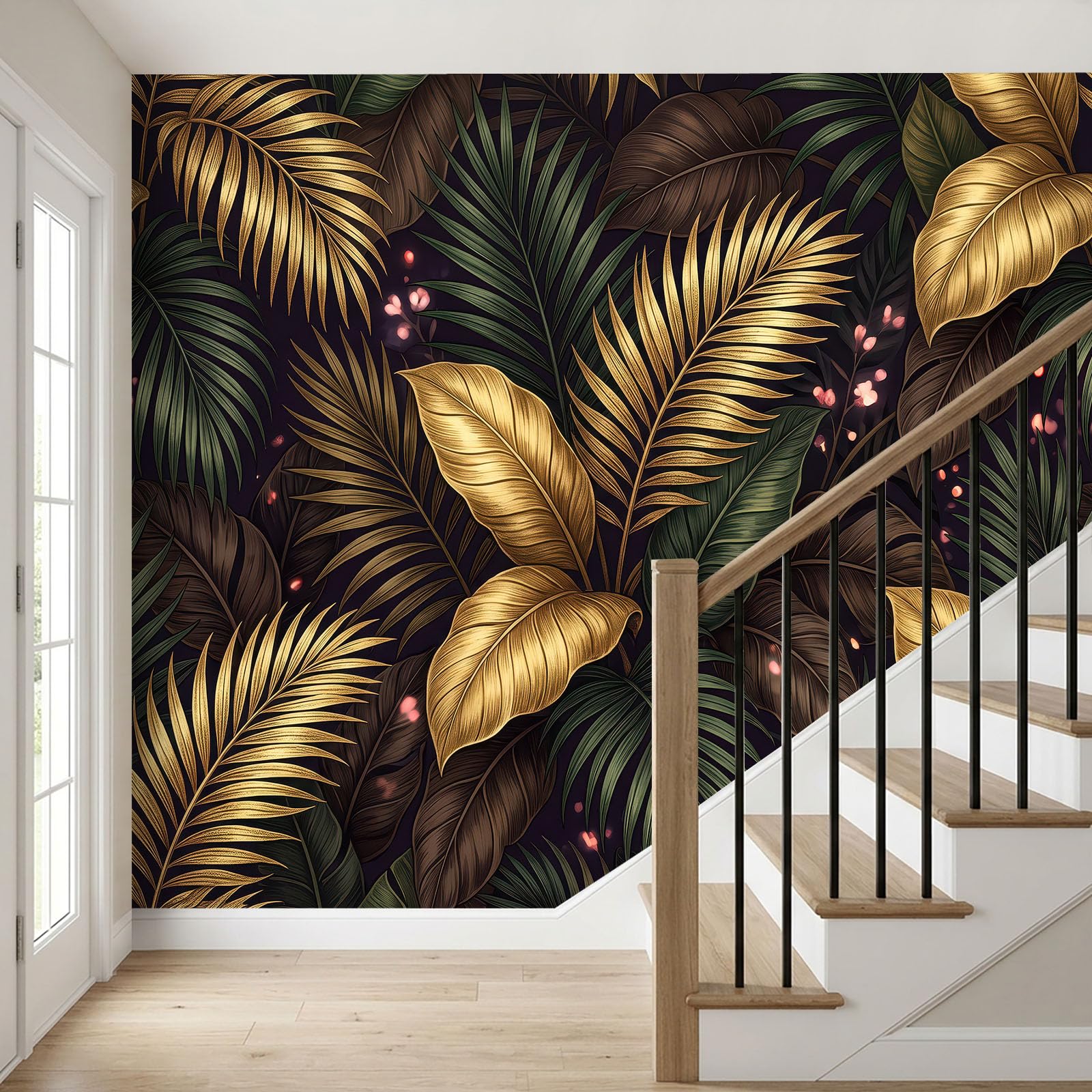 Fototapeta z włókniny liście palmowe metaliczne Glamour efekt 3D 400 x 280 cm, liść roślin wysokiej jakości tapeta z włókniny, do salonu, okładzin ściennych