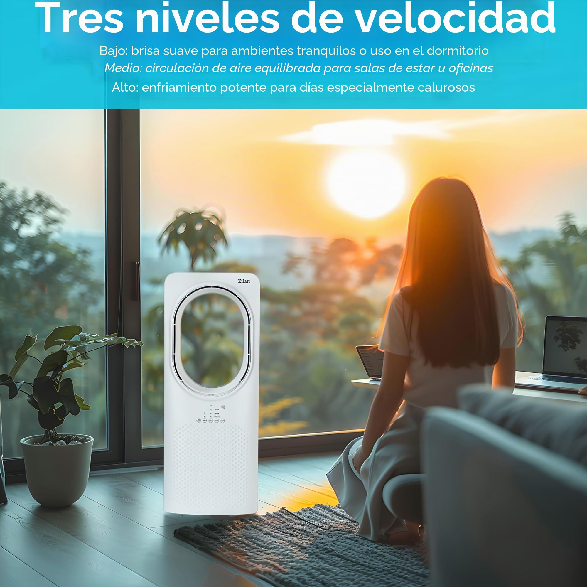Zilan Ventilador torre con mando a distancia - Diseño - Ahorro de energía - Silenciador - Oscilante - Ventilador de suelo con refrigeración - Torre - Aire acondicionado móvil