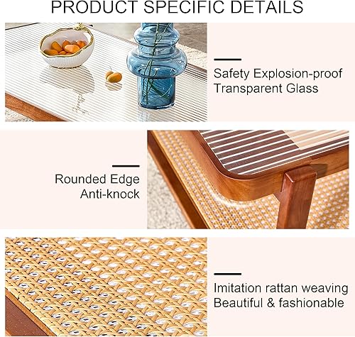 Miniatura 5 de SSLine Mesa auxiliar rectangular bohemia con parte superior de vidrio y estante de ratán, mesa central de madera maciza para sala de estar, estante