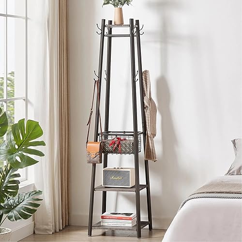 VECELO Perchero independiente, árbol de pasillo con cesta de metal y estantes de almacenamiento, perchero industrial con 8 ganchos para colgar